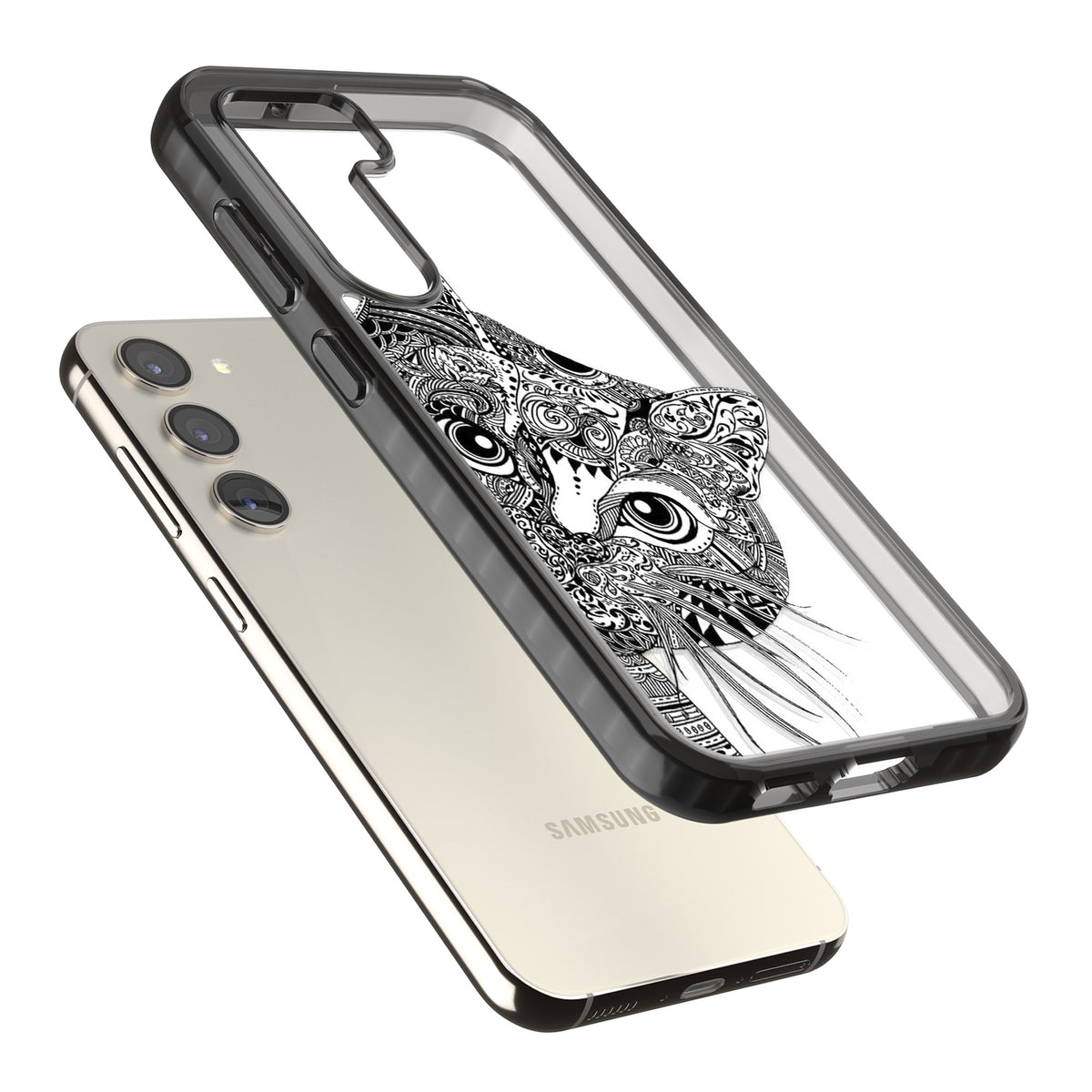 Henna Cat Samsung S22 / Samsung S22 Plus / Samsung S23 / Samsung S23 Plus / Samsung S24 / Samsung S24 Plus Impact Black Phone Case angled