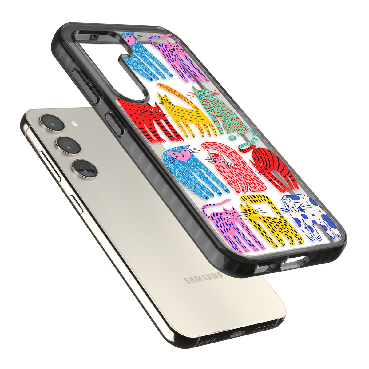 Abstract Cats Samsung S22 / Samsung S22 Plus / Samsung S23 / Samsung S23 Plus / Samsung S24 / Samsung S24 Plus Impact Black Phone Case angled