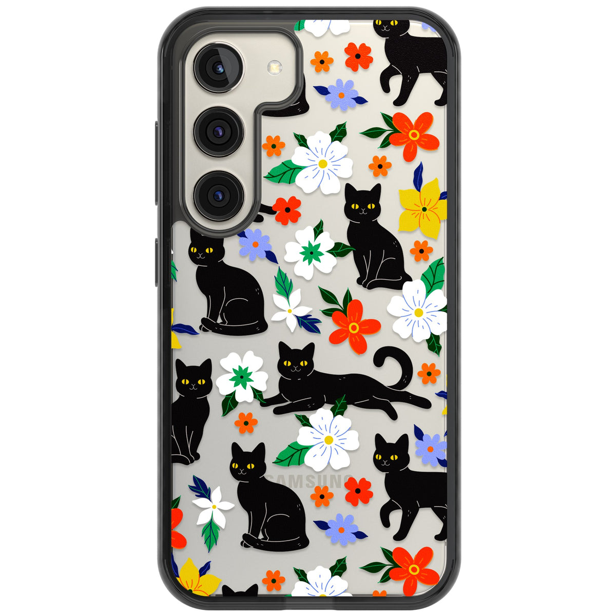 Cat Flowers Samsung S22 / Samsung S22 Plus / Samsung S23 / Samsung S23 Plus / Samsung S24 / Samsung S24 Plus Impact Black Phone Case front