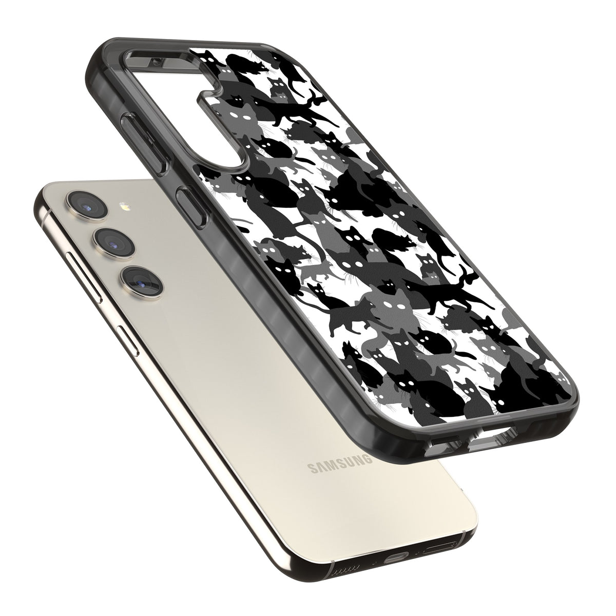 Black & White Cat Camouflage Samsung S22 / Samsung S22 Plus / Samsung S23 / Samsung S23 Plus / Samsung S24 / Samsung S24 Plus Impact Black Phone Case angled