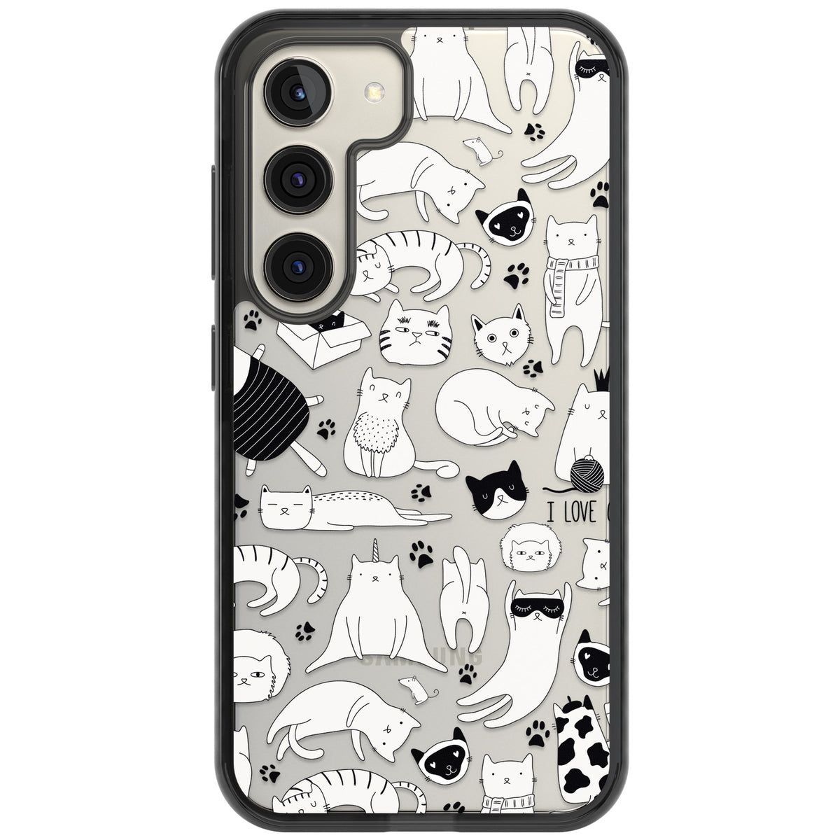 Cartoon Cats (Black & White) Samsung S22 / Samsung S22 Plus / Samsung S23 / Samsung S23 Plus / Samsung S24 / Samsung S24 Plus Impact Black Phone Case front