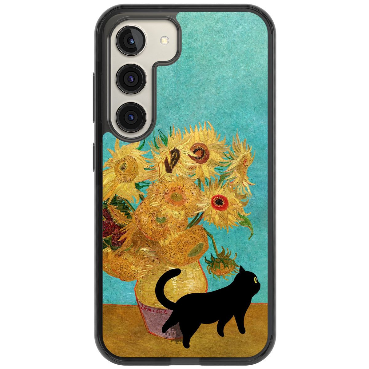 Cat with Van Gogh's Sunflowers Samsung S22 / Samsung S22 Plus / Samsung S23 / Samsung S23 Plus / Samsung S24 / Samsung S24 Plus Impact Black Phone Case front