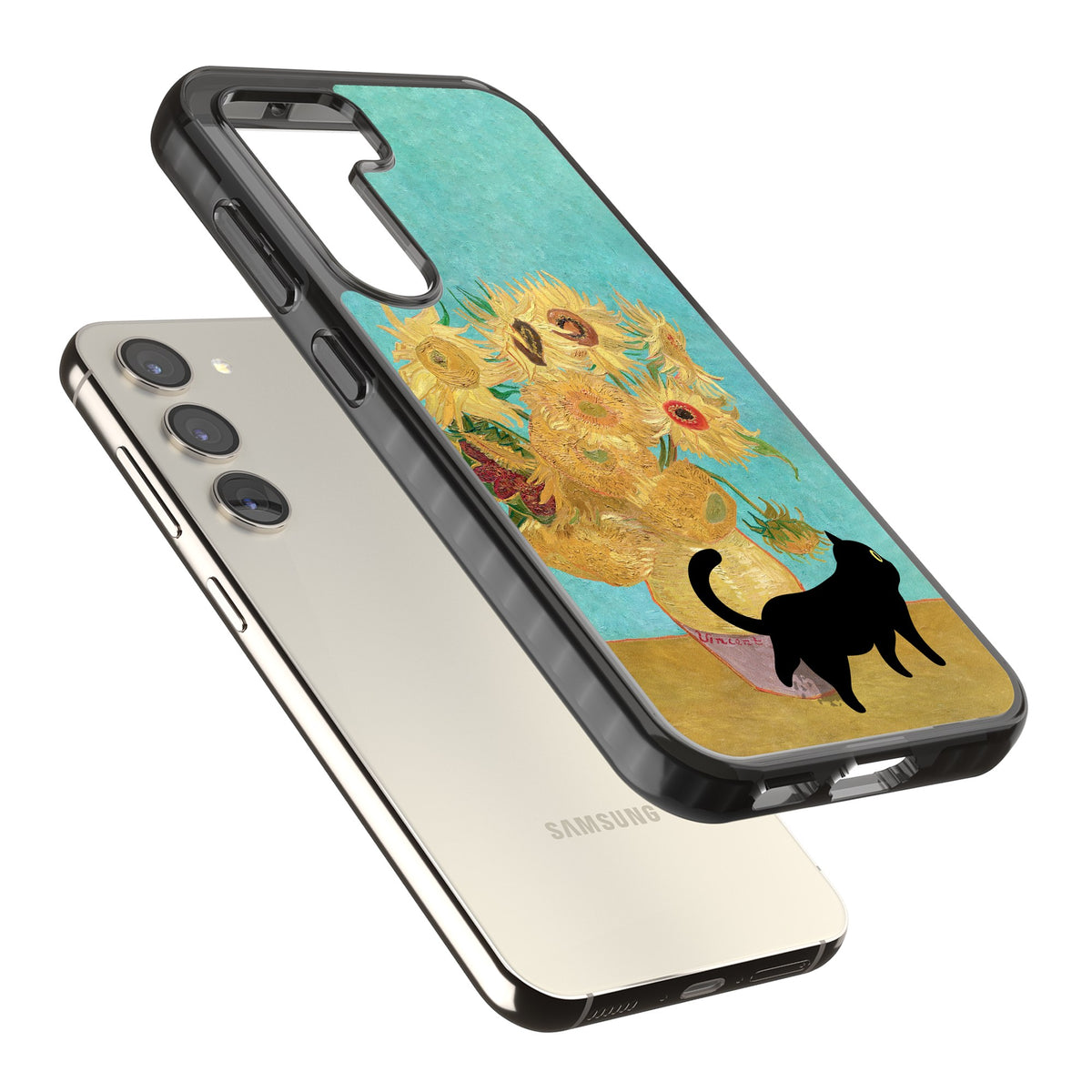 Cat with Van Gogh's Sunflowers Samsung S22 / Samsung S22 Plus / Samsung S23 / Samsung S23 Plus / Samsung S24 / Samsung S24 Plus Impact Black Phone Case angled