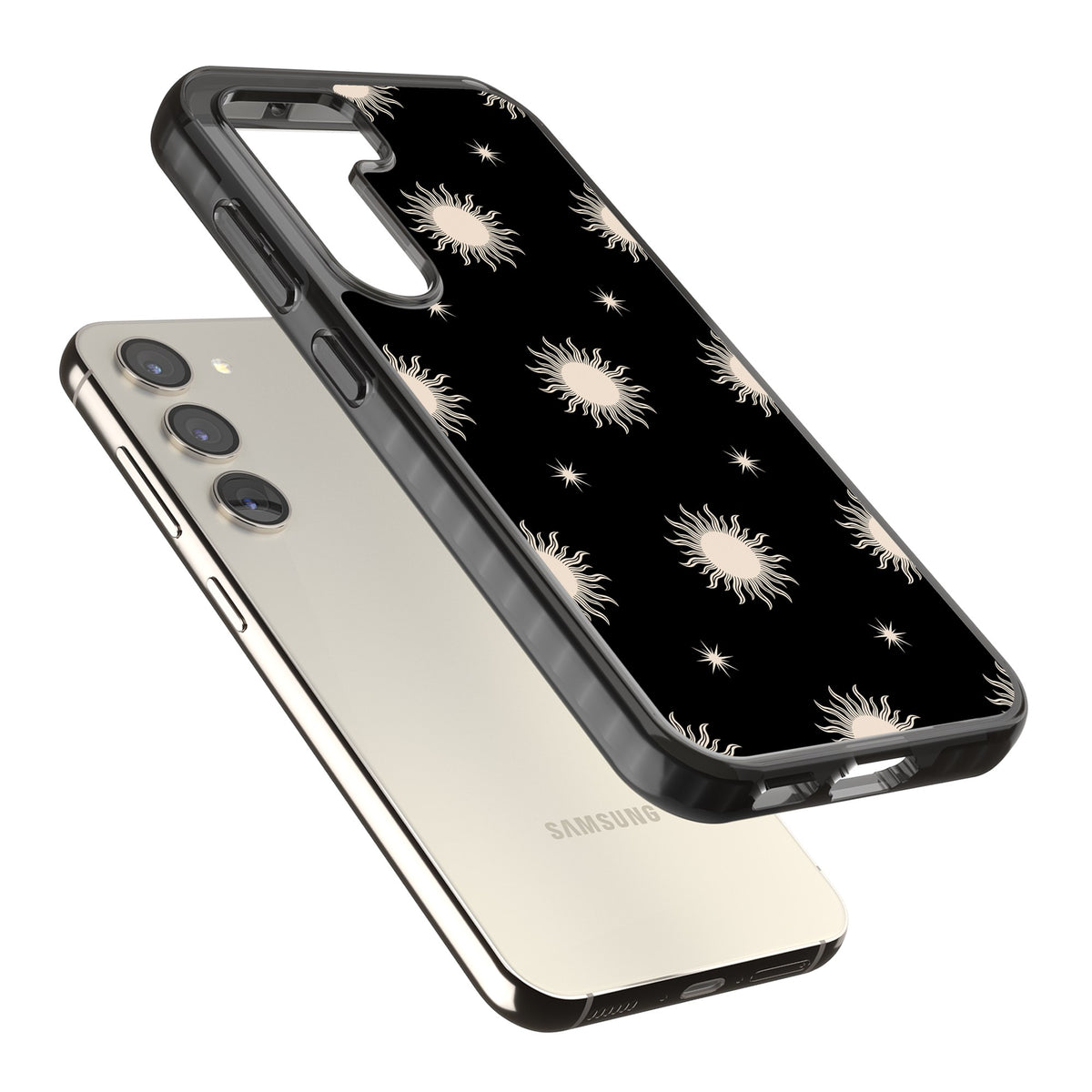 Celestial Patterns Classic Suns (Black) Samsung S22 / Samsung S22 Plus / Samsung S23 / Samsung S23 Plus / Samsung S24 / Samsung S24 Plus Impact Black Phone Case angled