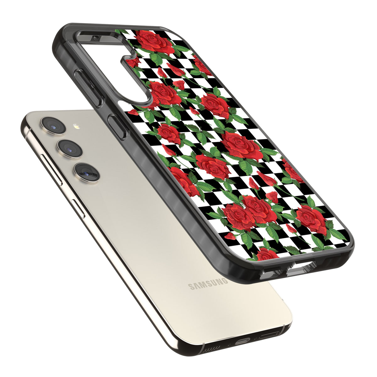 Checkered Roses Samsung S22 / Samsung S22 Plus / Samsung S23 / Samsung S23 Plus / Samsung S24 / Samsung S24 Plus Impact Black Phone Case angled