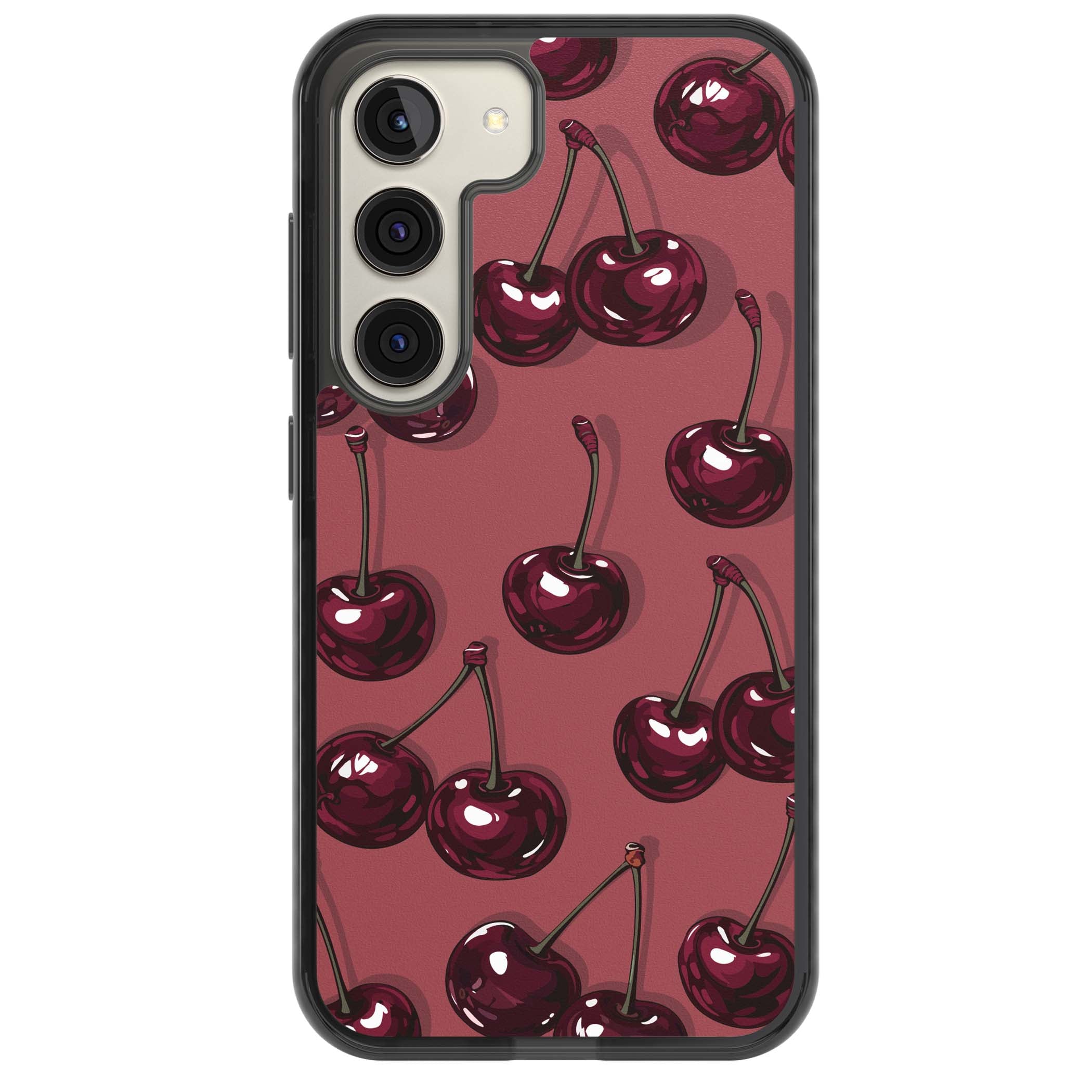 Cherry Rebel coquette iPhone case featuring glossy burgundy cherries on a dusty rose background | Black Impact case for Samsung Galaxy S24, Samsung Galaxy S23, Samsung Galaxy S22