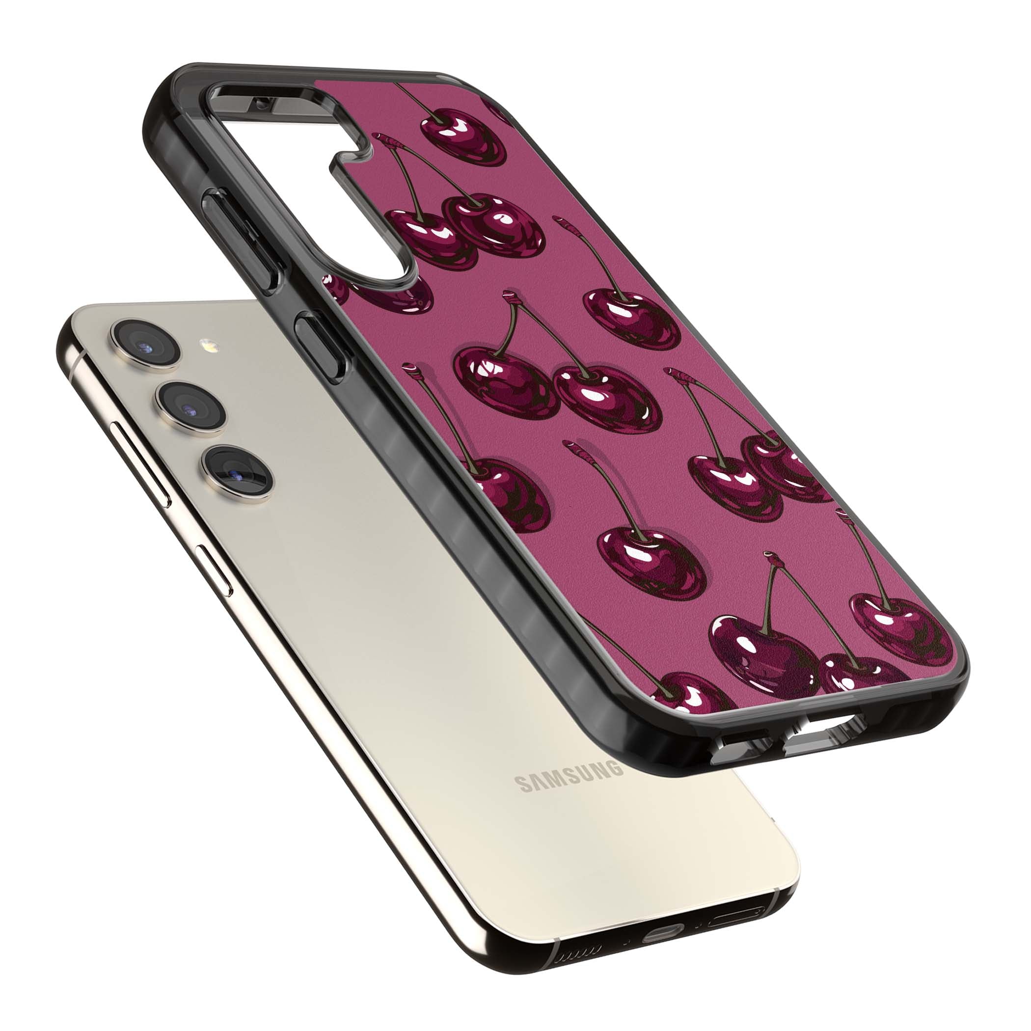 Cherry Soda coquette iPhone case featuring glossy burgundy cherries on a dusty pink background | Black Impact case for Samsung Galaxy S24, Samsung Galaxy S23, Samsung Galaxy S22