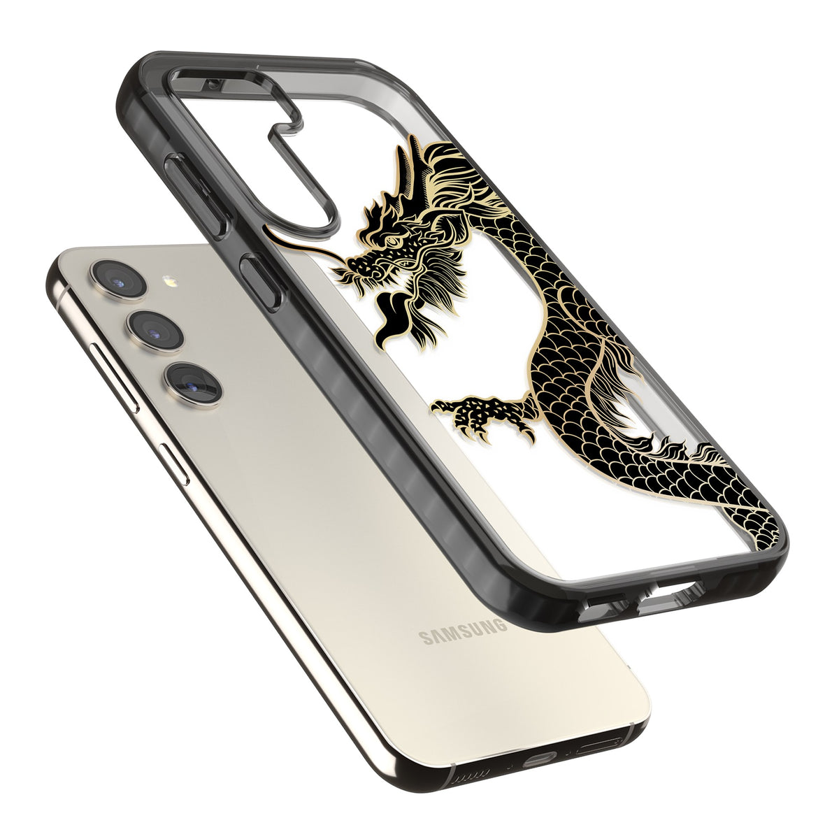 Large Black Dragon Samsung S22 / Samsung S22 Plus / Samsung S23 / Samsung S23 Plus / Samsung S24 / Samsung S24 Plus Impact Black Phone Case angled