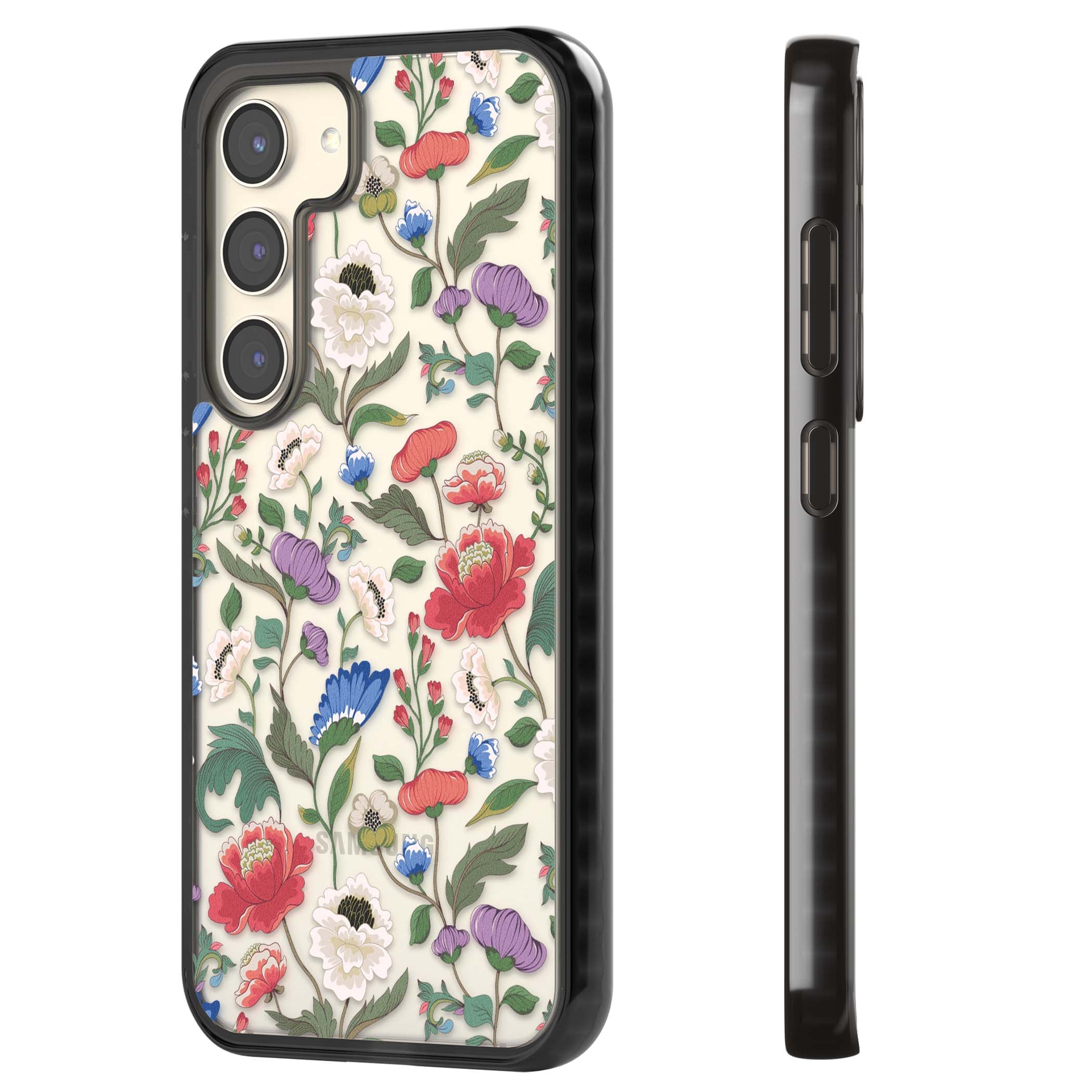 Chinoiserie Bloom vintage floral iPhone case featuring hand-painted peonies, poppies and trailing wildflowers on clear... | Black Impact case for Samsung Galaxy S24, Samsung Galaxy S23, Samsung Galaxy S22