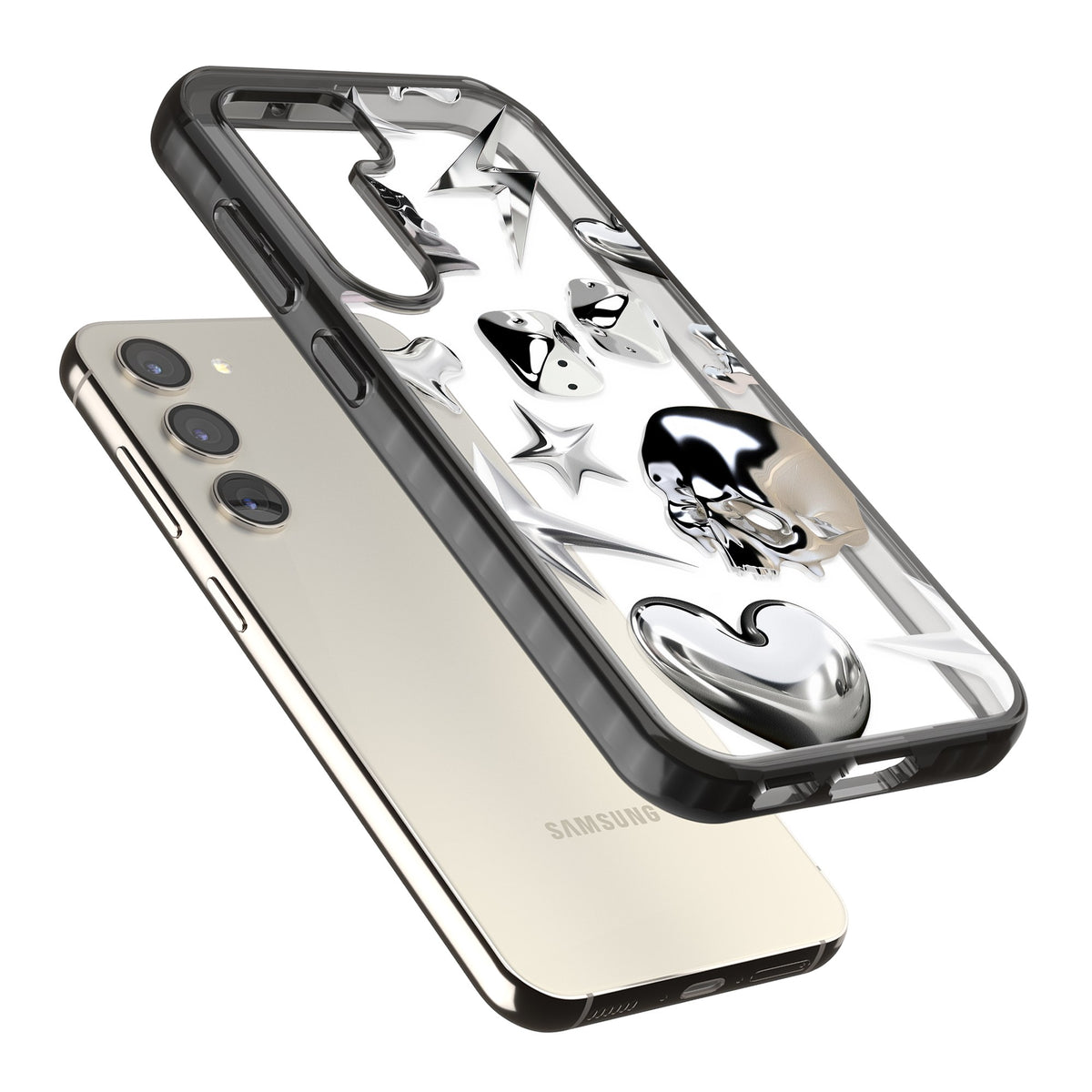 Chromed Samsung S22 / Samsung S22 Plus / Samsung S23 / Samsung S23 Plus / Samsung S24 / Samsung S24 Plus Impact Black Phone Case angled