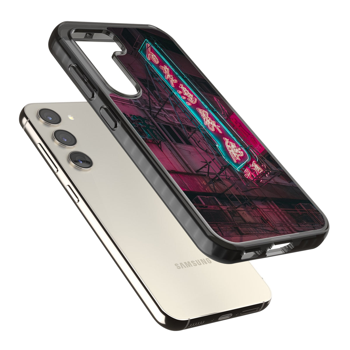 Neon Kanji Cityscape Samsung S22 / Samsung S22 Plus / Samsung S23 / Samsung S23 Plus / Samsung S24 / Samsung S24 Plus Impact Black Phone Case angled