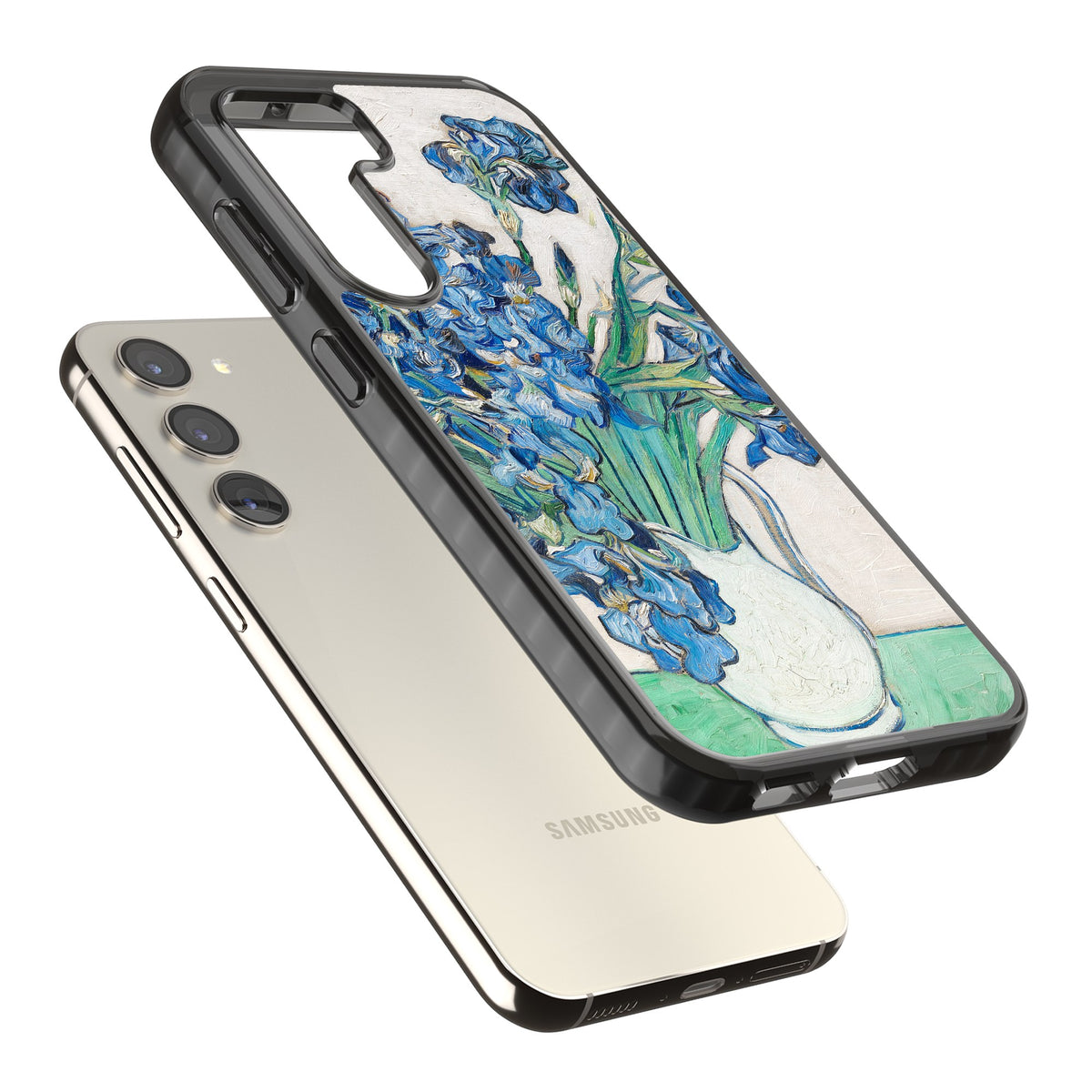 Irises By Vincent Van Gogh Samsung S22 / Samsung S22 Plus / Samsung S23 / Samsung S23 Plus / Samsung S24 / Samsung S24 Plus Impact Black Phone Case angled