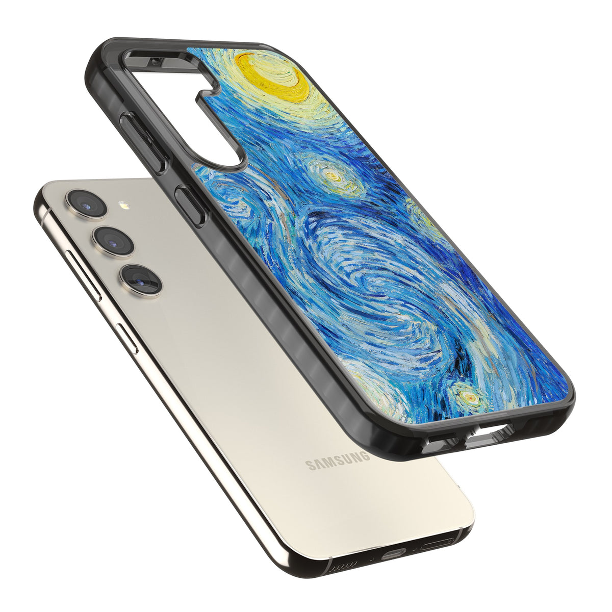The Starry Night By Vincent Van Gogh Samsung S22 / Samsung S22 Plus / Samsung S23 / Samsung S23 Plus / Samsung S24 / Samsung S24 Plus Impact Black Phone Case angled