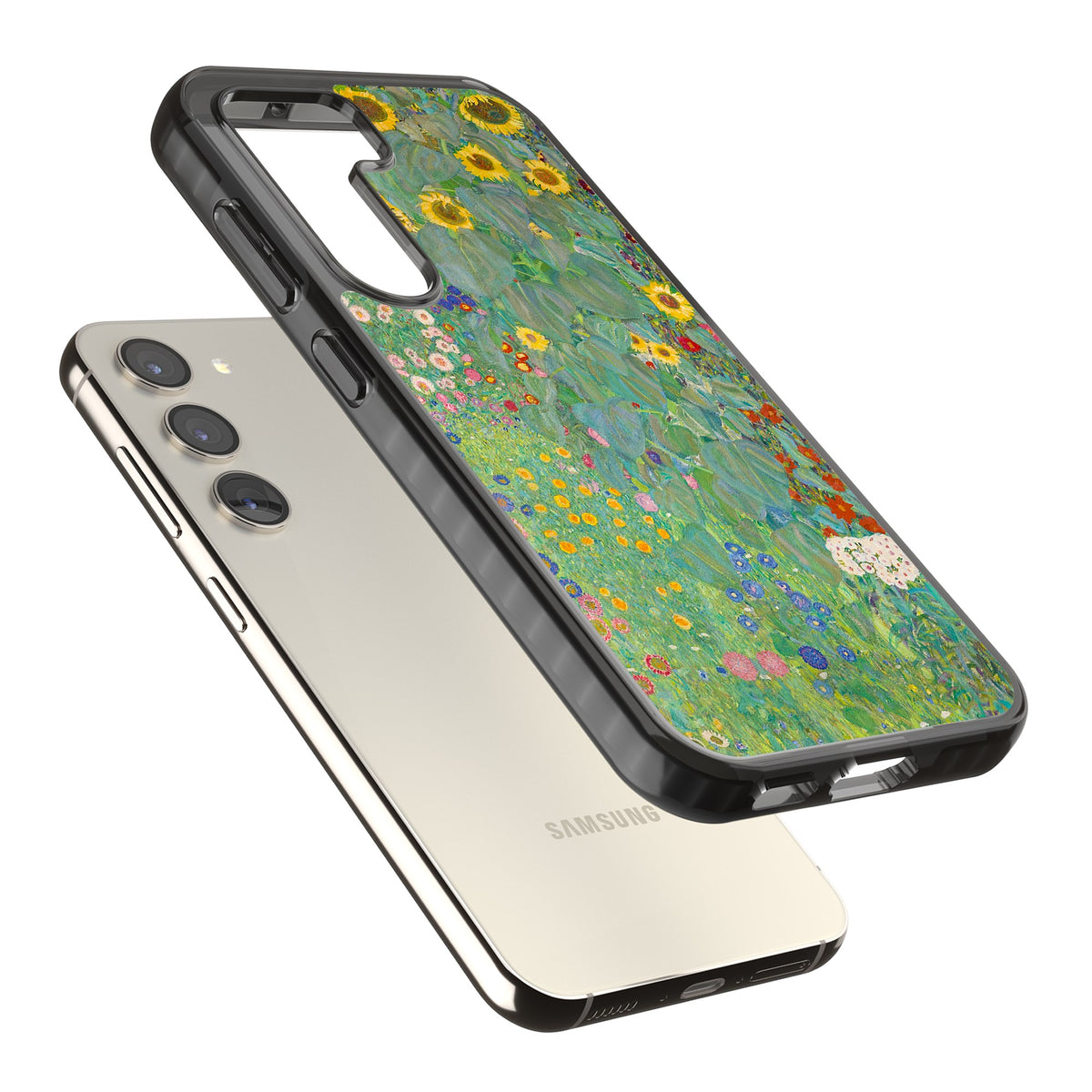 Farm Garden With Sunflowers Samsung S22 / Samsung S22 Plus / Samsung S23 / Samsung S23 Plus / Samsung S24 / Samsung S24 Plus Impact Black Phone Case angled