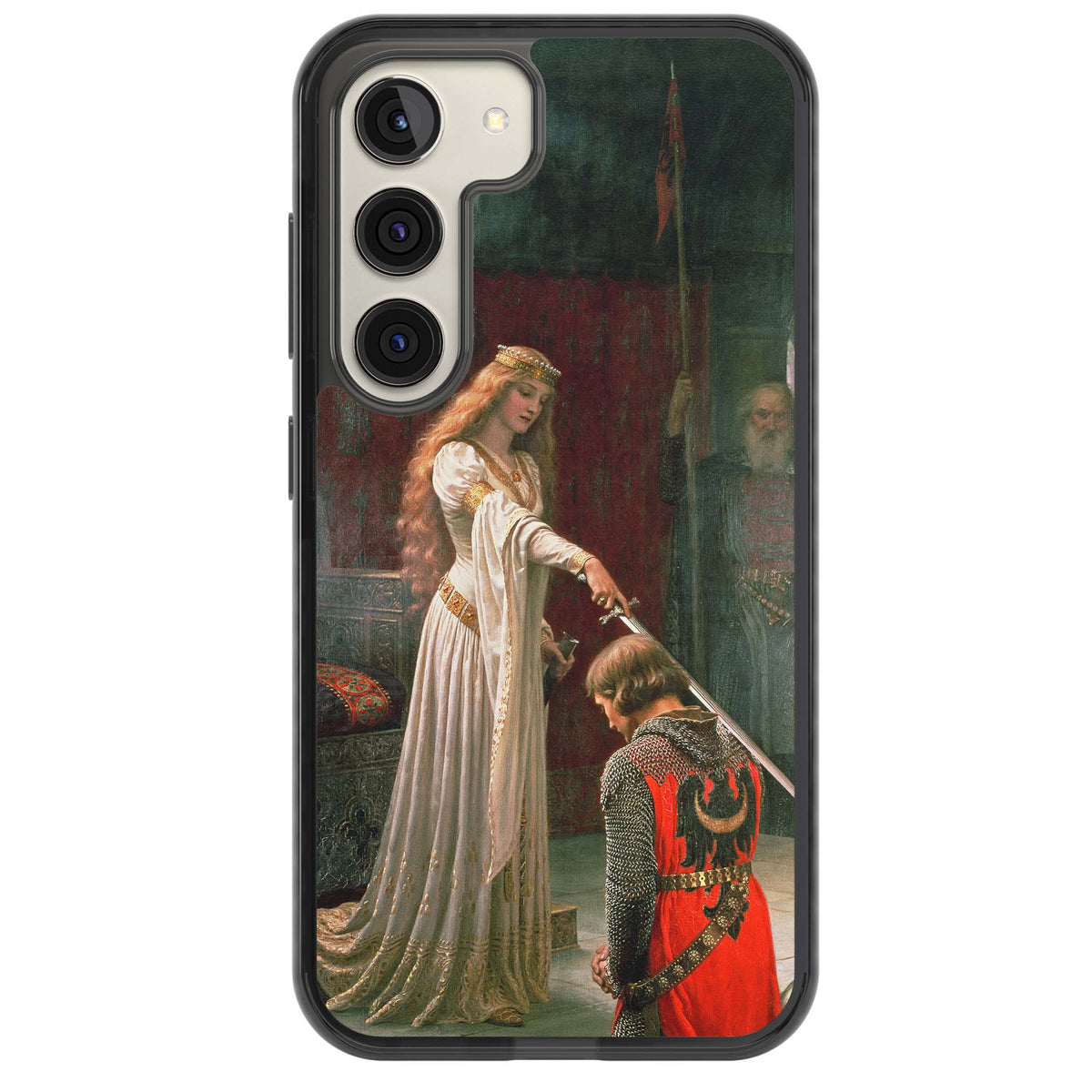 The Accolade renaissance art iPhone case featuring Edmund Blair Leighton's painting of a queen knighting a kneeling knight | Black Impact case for Samsung Galaxy S24, Samsung Galaxy S23, Samsung Galaxy S22