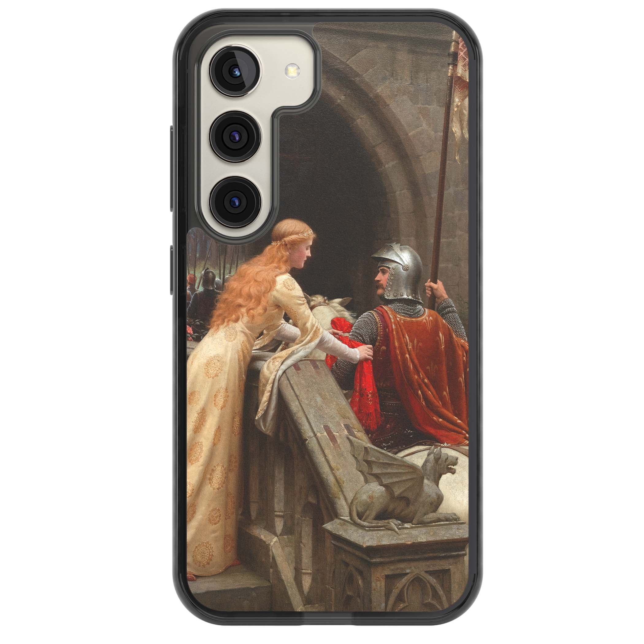 God Speed fine art iPhone case featuring Edmund Blair Leighton's medieval knight and lady beneath a stone archway | Black Impact case for Samsung Galaxy S24, Samsung Galaxy S23, Samsung Galaxy S22