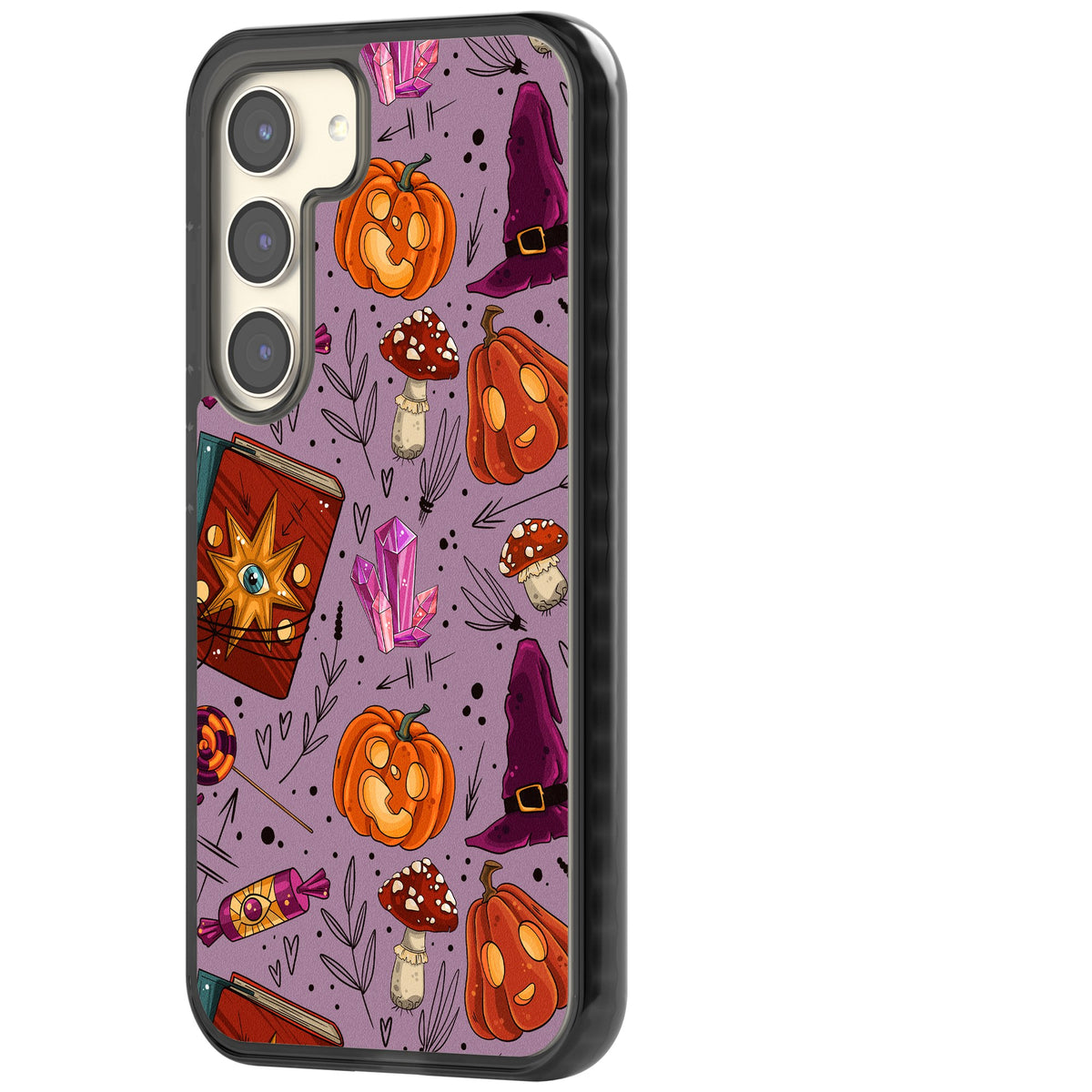 Witchy Cartoon Halloween Pattern Samsung S22 / Samsung S22 Plus / Samsung S23 / Samsung S23 Plus / Samsung S24 / Samsung S24 Plus Impact Black Phone Case side