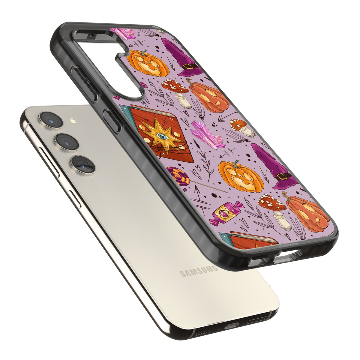 Witchy Cartoon Halloween Pattern Samsung S22 / Samsung S22 Plus / Samsung S23 / Samsung S23 Plus / Samsung S24 / Samsung S24 Plus Impact Black Phone Case angled