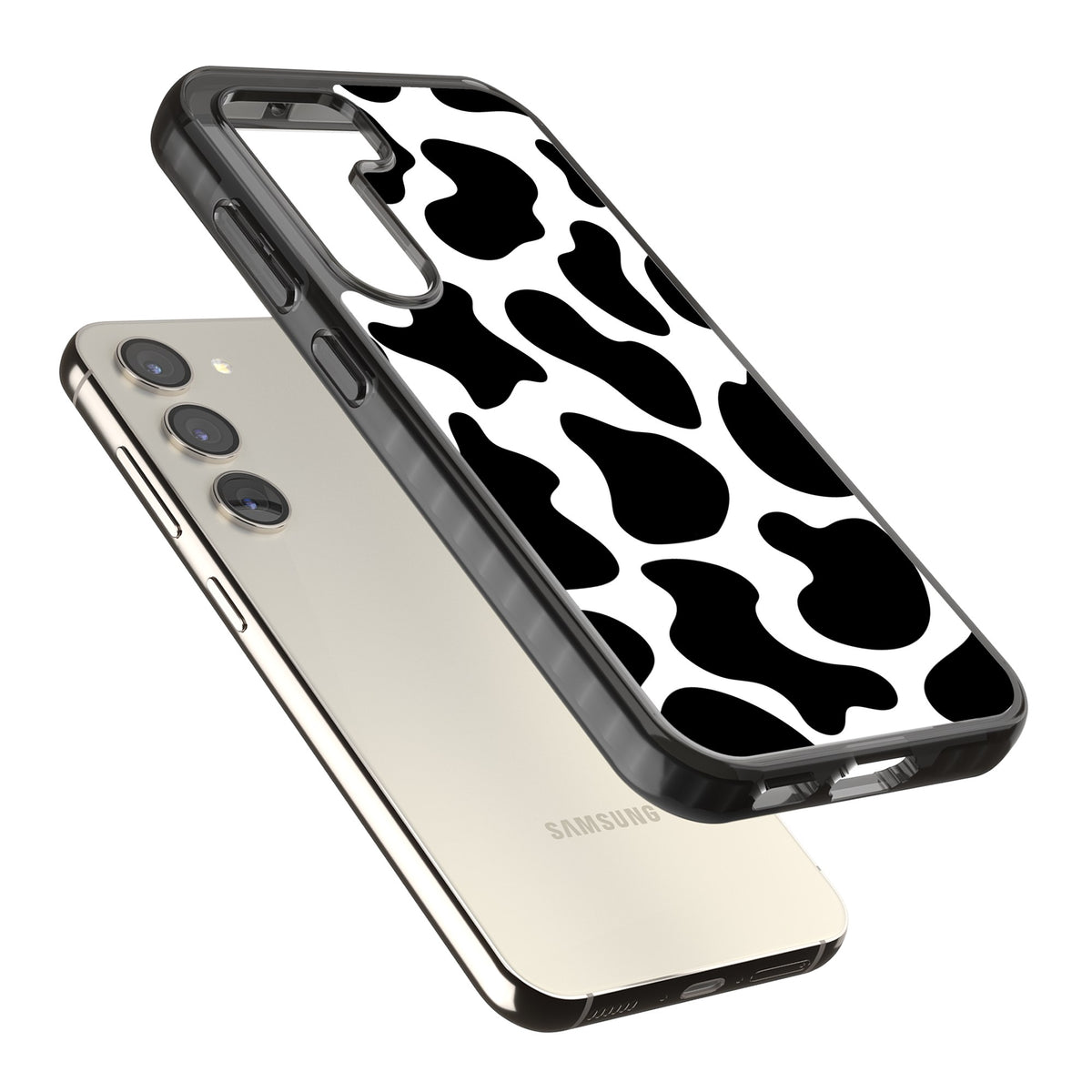 Cow Print Samsung S22 / Samsung S22 Plus / Samsung S23 / Samsung S23 Plus / Samsung S24 / Samsung S24 Plus Impact Black Phone Case angled