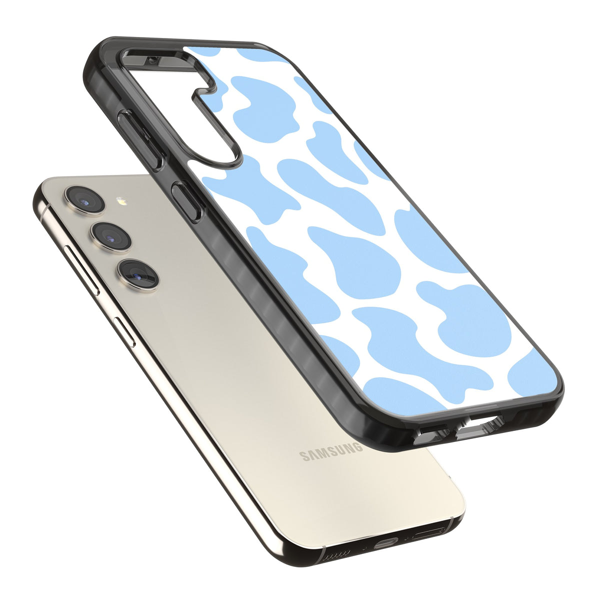 Blue And White Cow Print Samsung S22 / Samsung S22 Plus / Samsung S23 / Samsung S23 Plus / Samsung S24 / Samsung S24 Plus Impact Black Phone Case angled