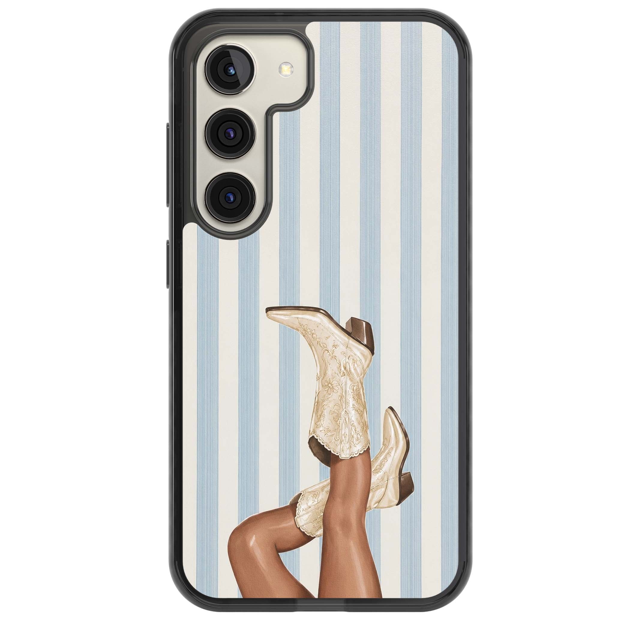 Cowgirl Boots coastal cowgirl iPhone case featuring embroidered western boots, tanned legs and a blue stripe backdrop | Black Impact case for Samsung Galaxy S24, Samsung Galaxy S23, Samsung Galaxy S22