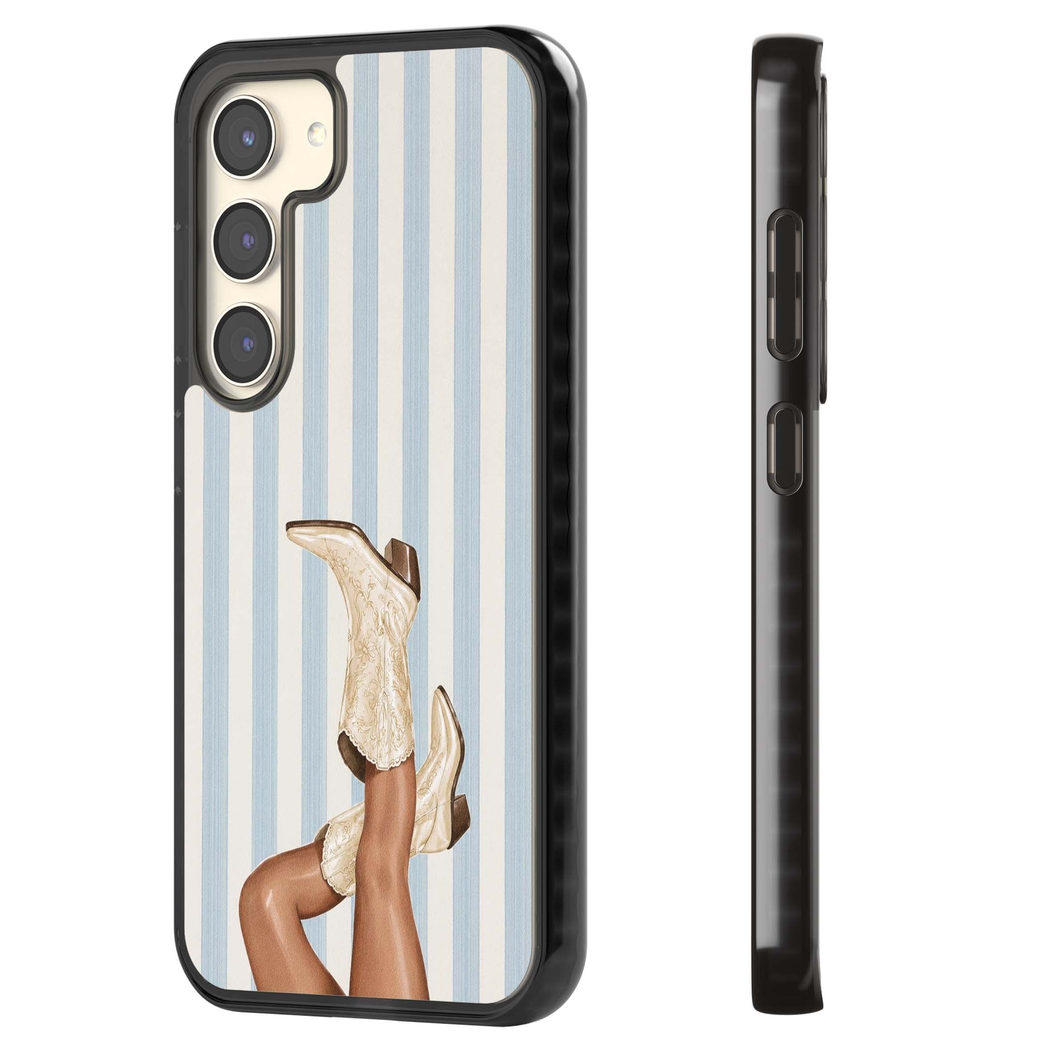 Cowgirl Boots coastal cowgirl iPhone case featuring embroidered western boots, tanned legs and a blue stripe backdrop | Black Impact case for Samsung Galaxy S24, Samsung Galaxy S23, Samsung Galaxy S22
