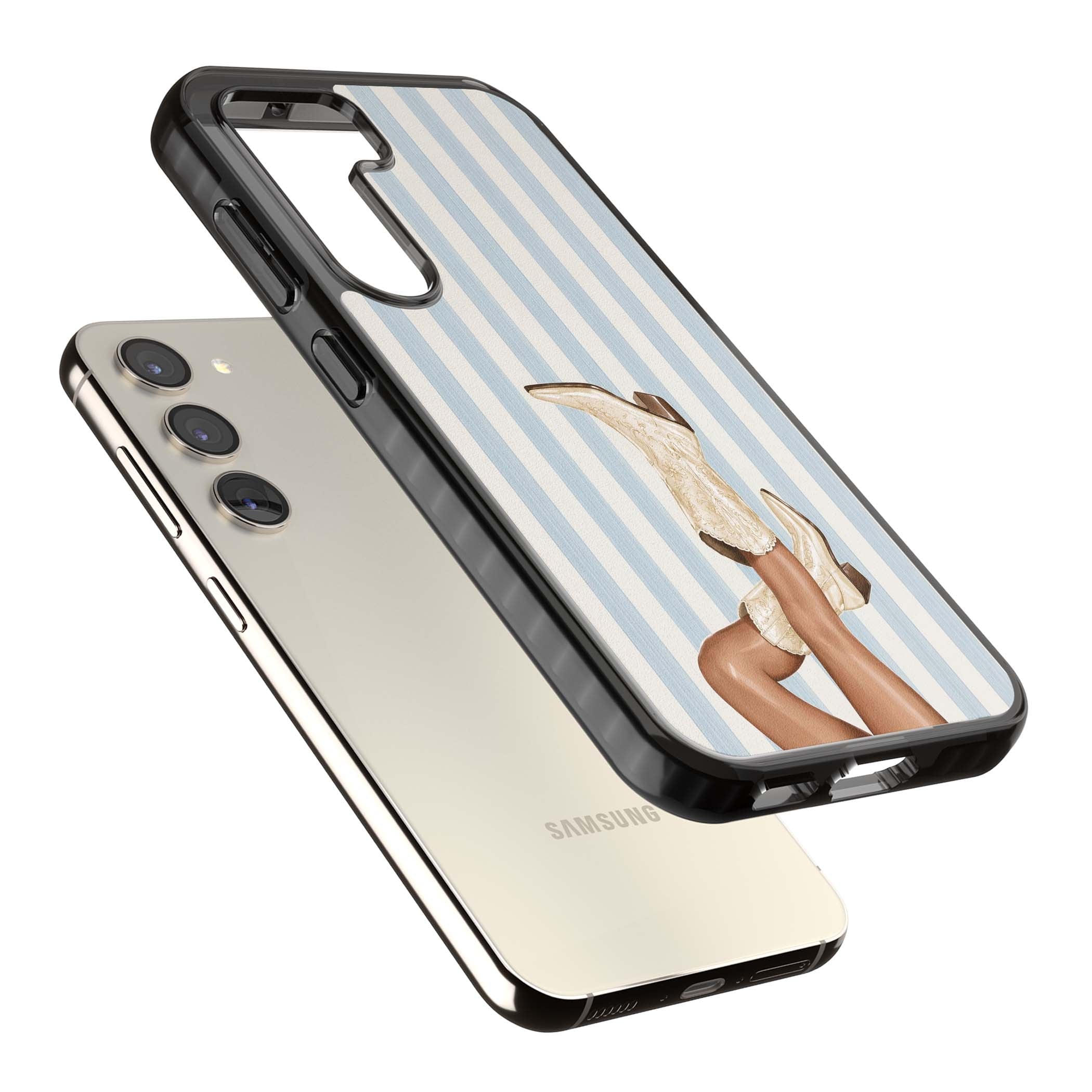 Cowgirl Boots coastal cowgirl iPhone case featuring embroidered western boots, tanned legs and a blue stripe backdrop | Black Impact case for Samsung Galaxy S24, Samsung Galaxy S23, Samsung Galaxy S22