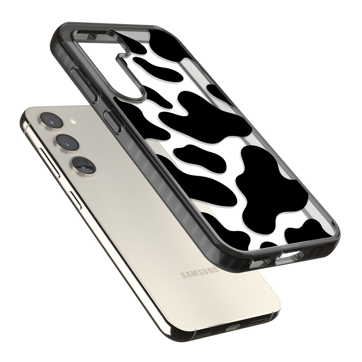 Clear Cow Print Samsung S22 / Samsung S22 Plus / Samsung S23 / Samsung S23 Plus / Samsung S24 / Samsung S24 Plus Impact Black Phone Case angled