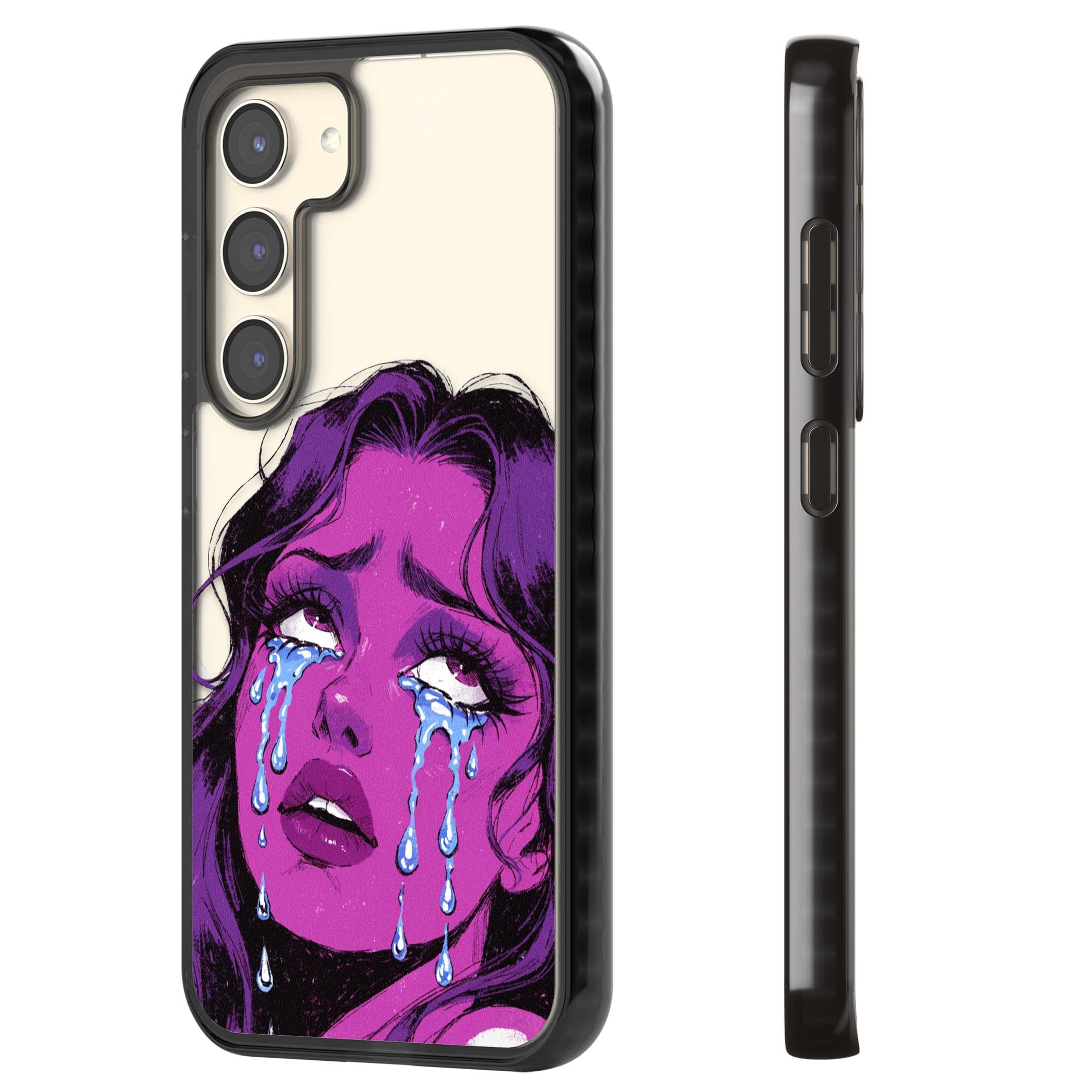 Drama Queen pop art iPhone case featuring a purple crying comic girl with blue tears | Black Impact case for Samsung Galaxy S24, Samsung Galaxy S23, Samsung Galaxy S22