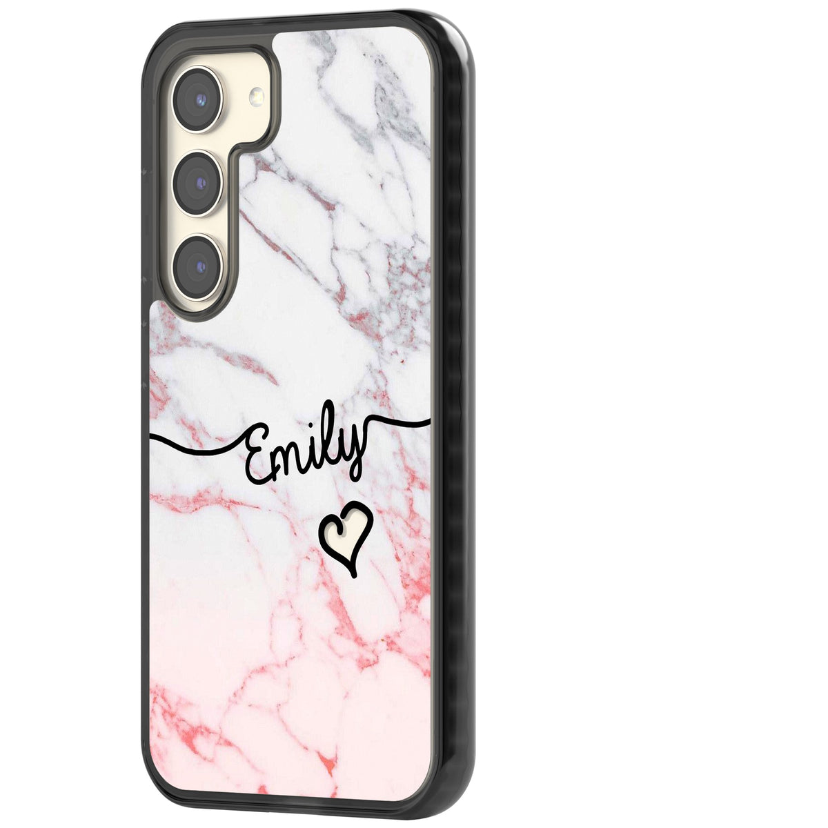 Personalised Pink Fade Marble Heart Samsung S22 / Samsung S22 Plus / Samsung S23 / Samsung S23 Plus / Samsung S24 / Samsung S24 Plus Impact Black Phone Case side