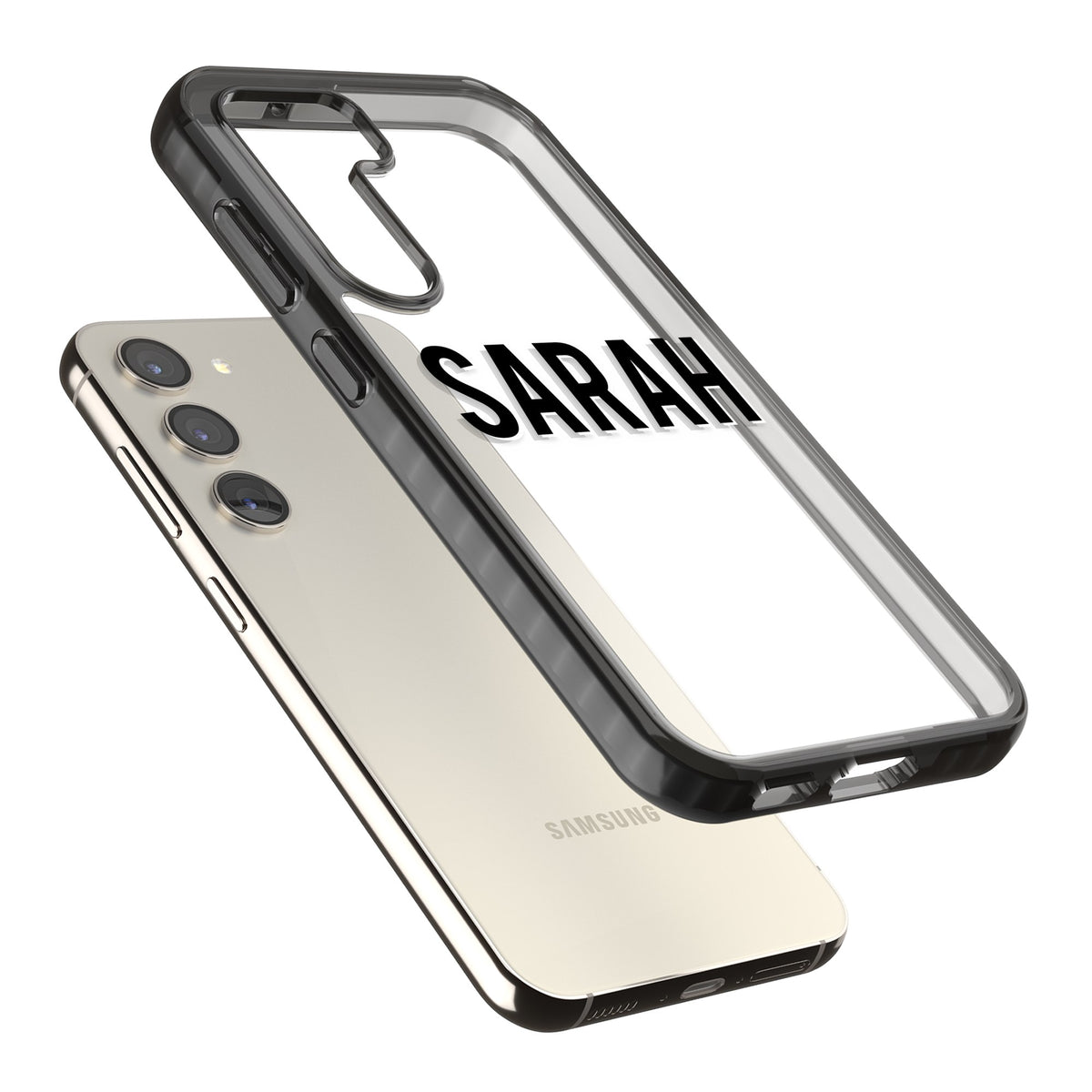 Personalised Name (Centre) Samsung S22 / Samsung S22 Plus / Samsung S23 / Samsung S23 Plus / Samsung S24 / Samsung S24 Plus Impact Black Phone Case angled