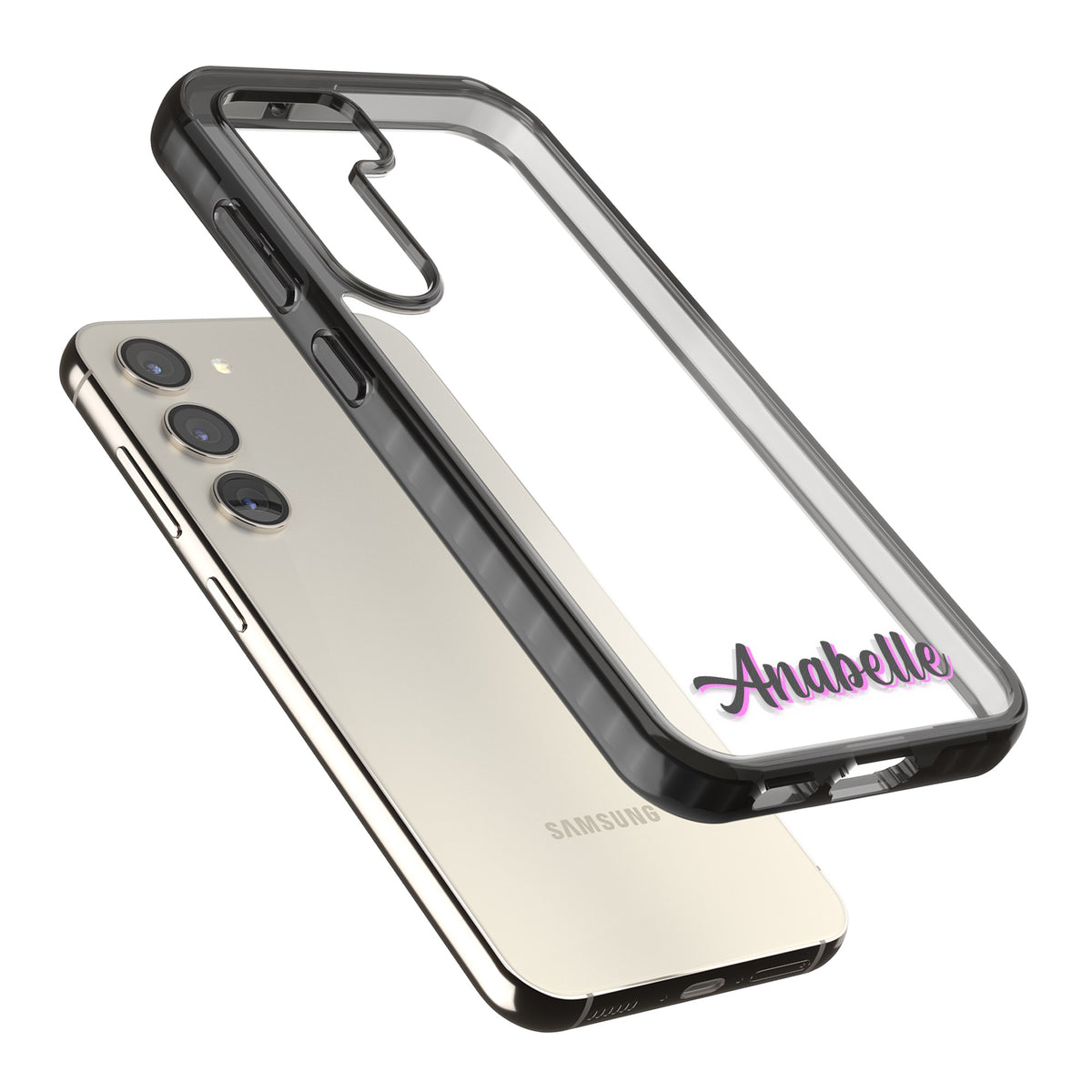 Personalised Cute Bottom Name Samsung S22 / Samsung S22 Plus / Samsung S23 / Samsung S23 Plus / Samsung S24 / Samsung S24 Plus Impact Black Phone Case angled