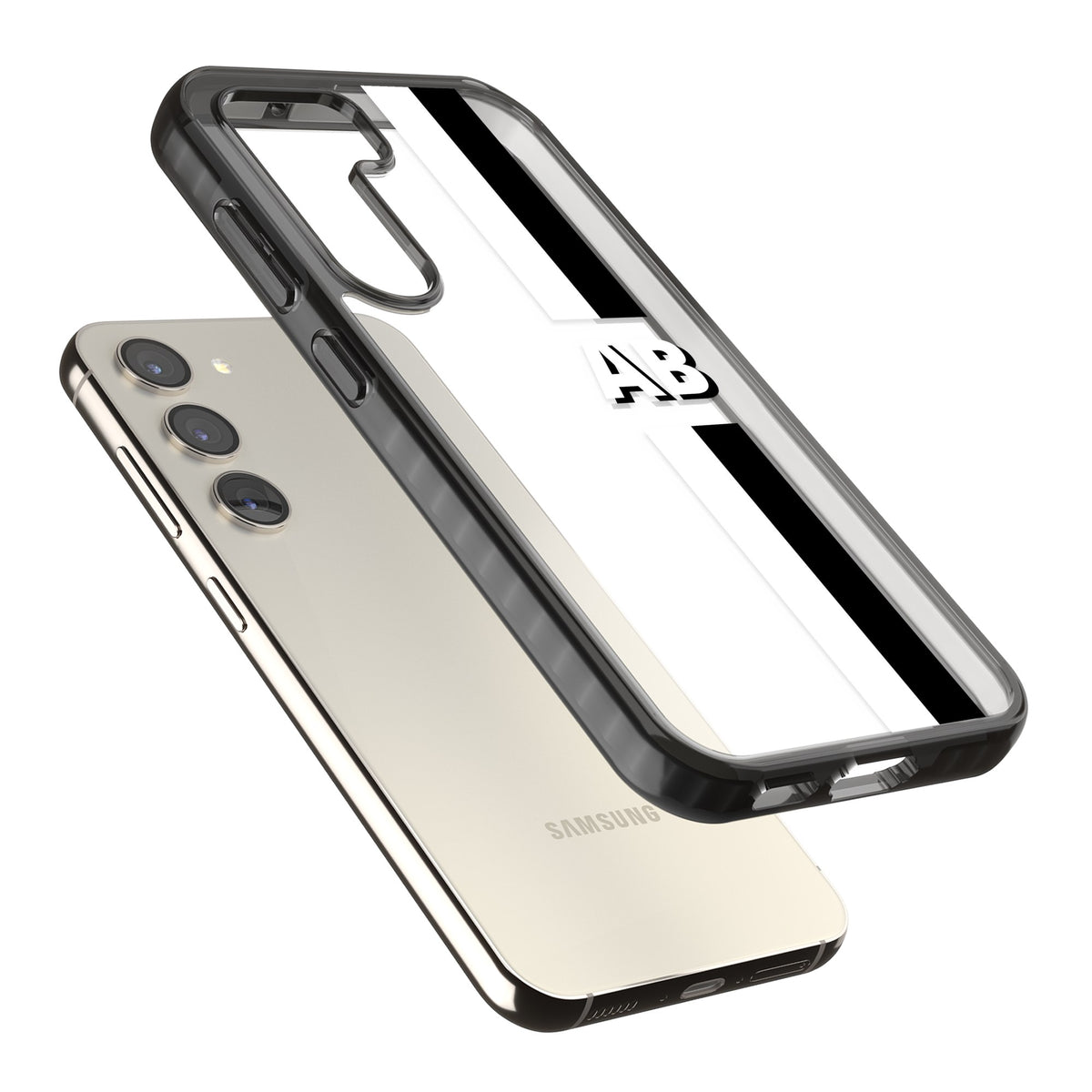 Personalised Bold Two Stripe Name Samsung S22 / Samsung S22 Plus / Samsung S23 / Samsung S23 Plus / Samsung S24 / Samsung S24 Plus Impact Black Phone Case angled