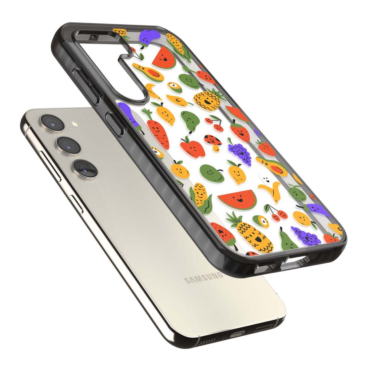 Playful Fruit Kawaii Samsung S22 / Samsung S22 Plus / Samsung S23 / Samsung S23 Plus / Samsung S24 / Samsung S24 Plus Impact Black Phone Case angled