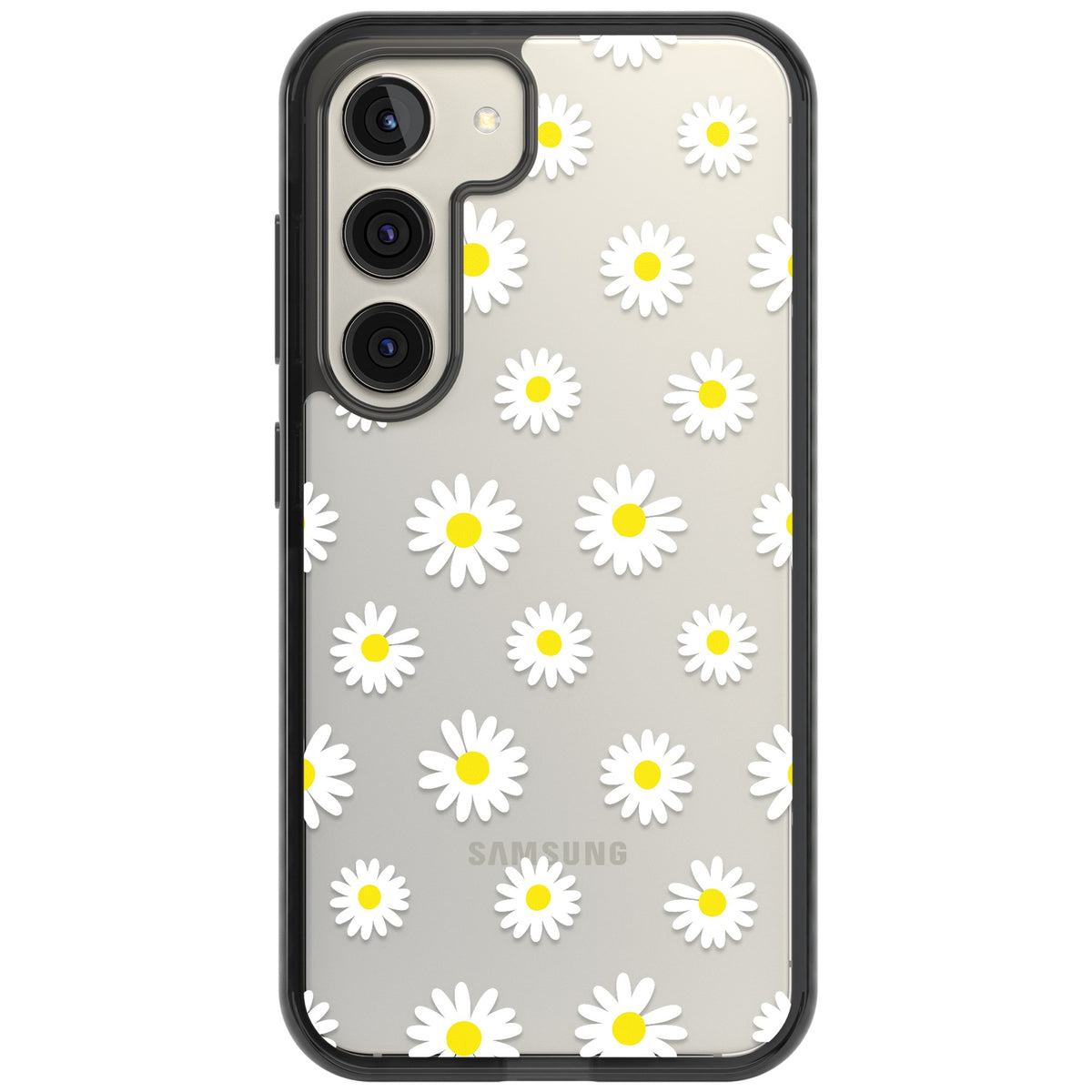 Personalised White Daisy Pattern Samsung S22 / Samsung S22 Plus / Samsung S23 / Samsung S23 Plus / Samsung S24 / Samsung S24 Plus Impact Black Phone Case front