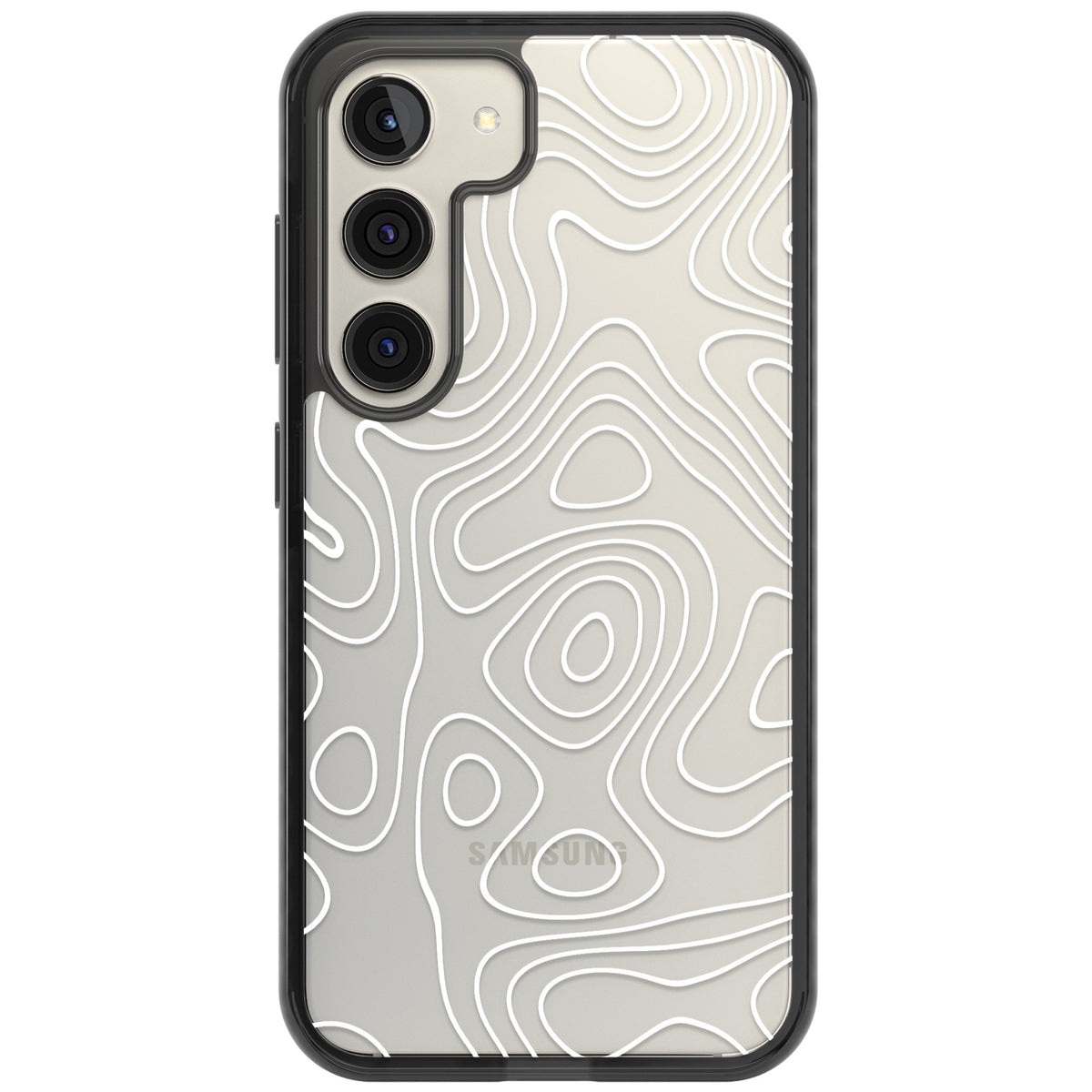White Damascus Steel abstract iPhone case featuring white topographic contour lines on a clear back with a black bumper Samsung S22 / Samsung S22 Plus / Samsung S23 / Samsung S23 Plus / Samsung S24 / Samsung S24 Plus Impact Black Phone Case front