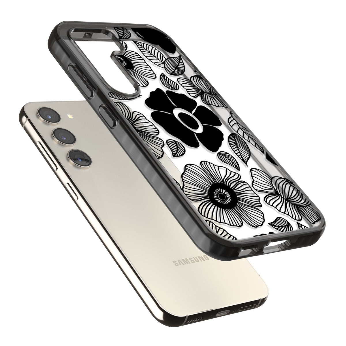 Ink Garden Samsung S22 / Samsung S22 Plus / Samsung S23 / Samsung S23 Plus / Samsung S24 / Samsung S24 Plus Impact Black Phone Case angled