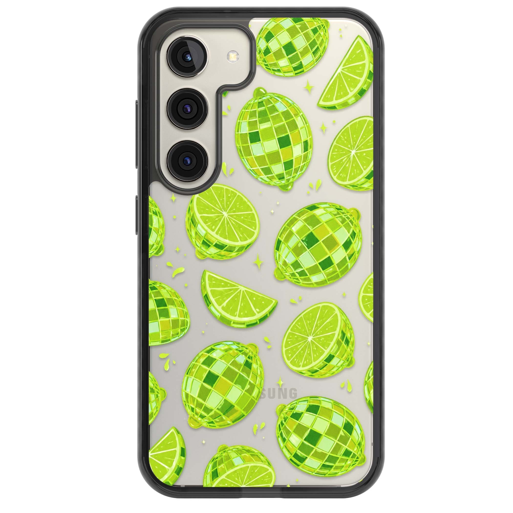 Disco Limes fruit aesthetic iPhone case featuring green disco balls, lime slices and citrus sparkles | Black Impact case for Samsung Galaxy S24, Samsung Galaxy S23, Samsung Galaxy S22
