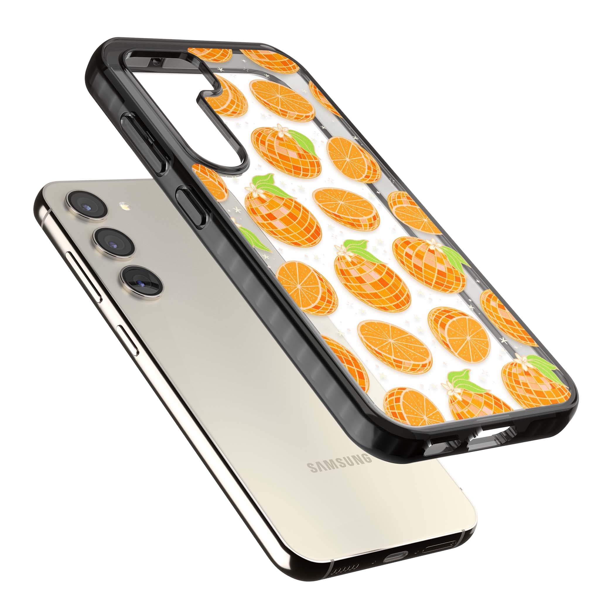 Disco Oranges retro iPhone case featuring mirrorball oranges, citrus slices and tiny blossoms on clear | Black Impact case for Samsung Galaxy S24, Samsung Galaxy S23, Samsung Galaxy S22
