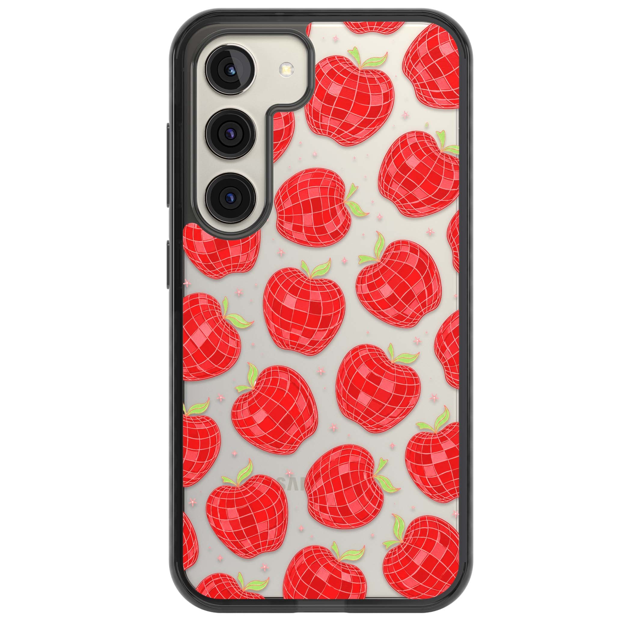 Disco Apples Y2K iPhone case featuring red disco ball apples, green leaves and pink sparkles on clear | Black Impact case for Samsung Galaxy S24, Samsung Galaxy S23, Samsung Galaxy S22