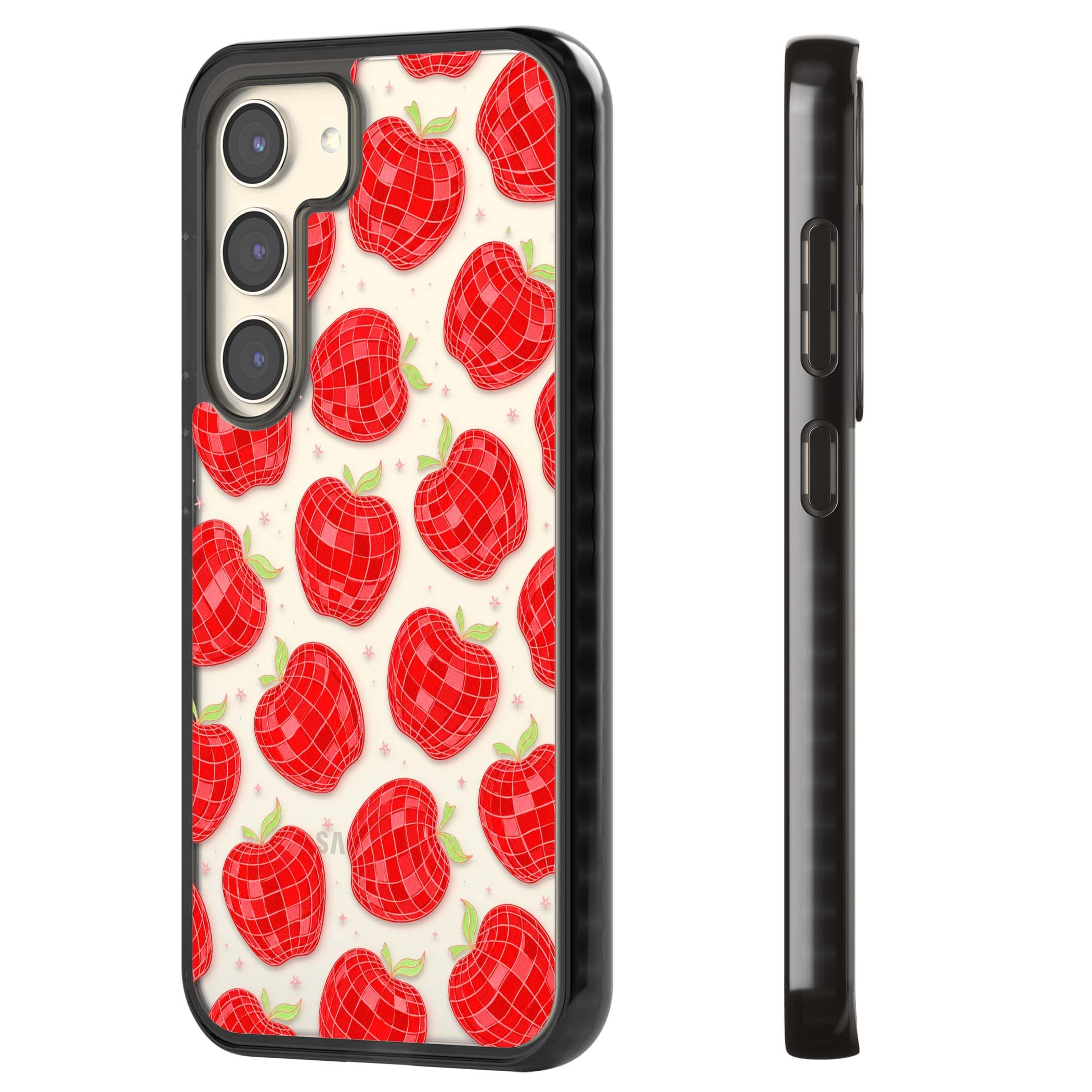 Disco Apples Y2K iPhone case featuring red disco ball apples, green leaves and pink sparkles on clear | Black Impact case for Samsung Galaxy S24, Samsung Galaxy S23, Samsung Galaxy S22