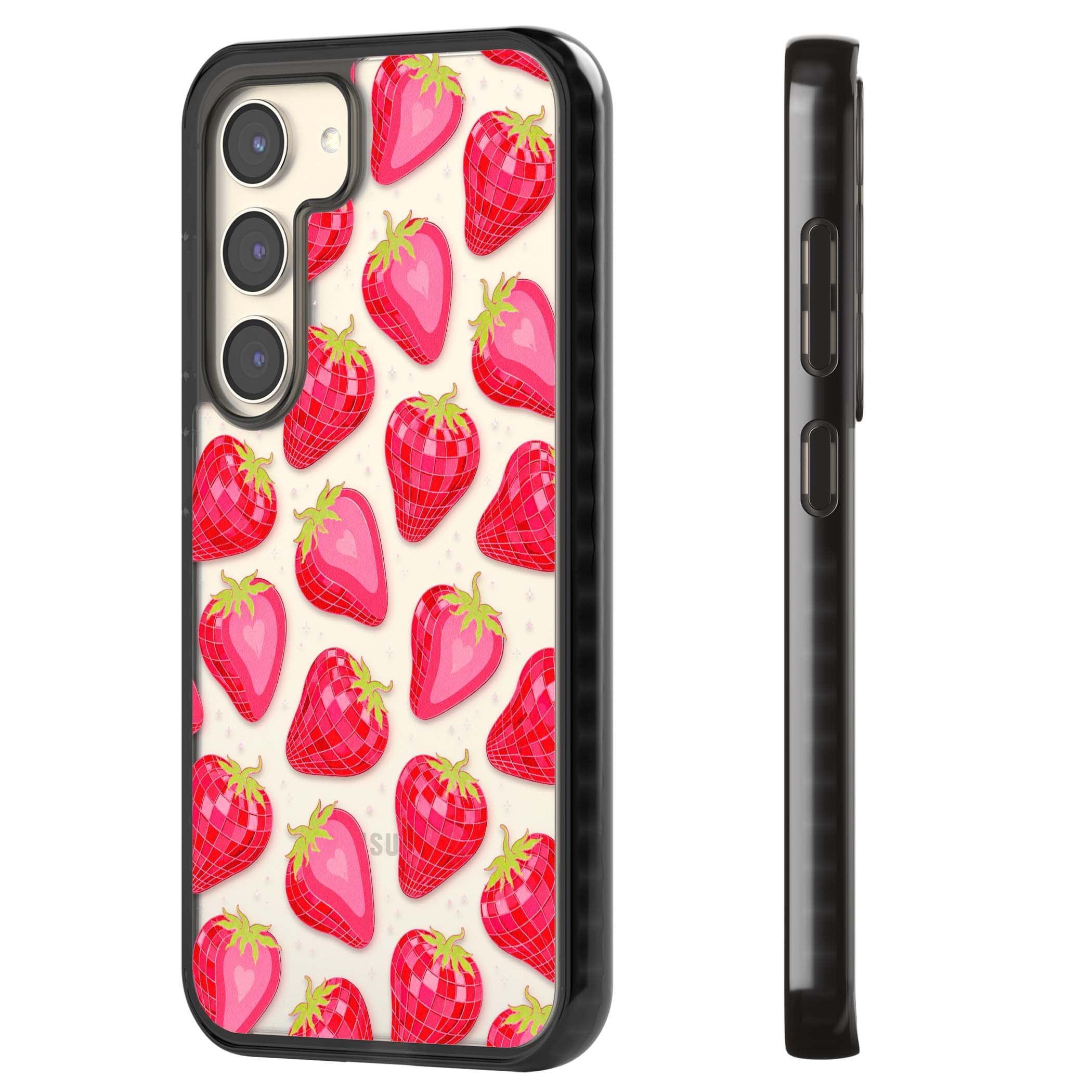 Disco Strawberry Y2K iPhone case featuring pink disco-ball strawberries, green leaves and tiny sparkles | Black Impact case for Samsung Galaxy S24, Samsung Galaxy S23, Samsung Galaxy S22