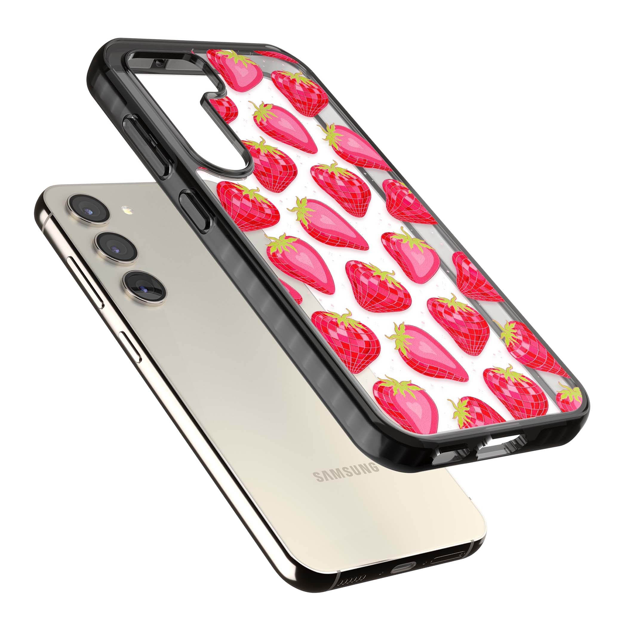Disco Strawberry Y2K iPhone case featuring pink disco-ball strawberries, green leaves and tiny sparkles | Black Impact case for Samsung Galaxy S24, Samsung Galaxy S23, Samsung Galaxy S22