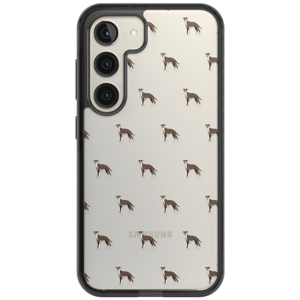 Whippet Dog Pattern Clear Samsung S22 / Samsung S22 Plus / Samsung S23 / Samsung S23 Plus / Samsung S24 / Samsung S24 Plus Impact Black Phone Case front