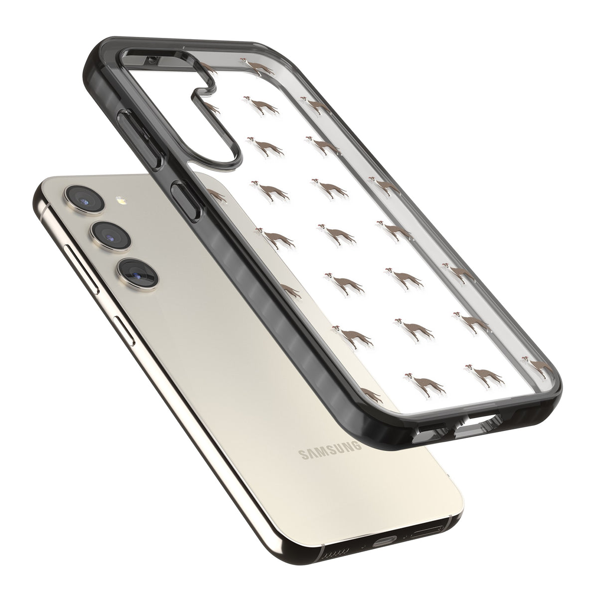 Whippet Dog Pattern Clear Samsung S22 / Samsung S22 Plus / Samsung S23 / Samsung S23 Plus / Samsung S24 / Samsung S24 Plus Impact Black Phone Case angled