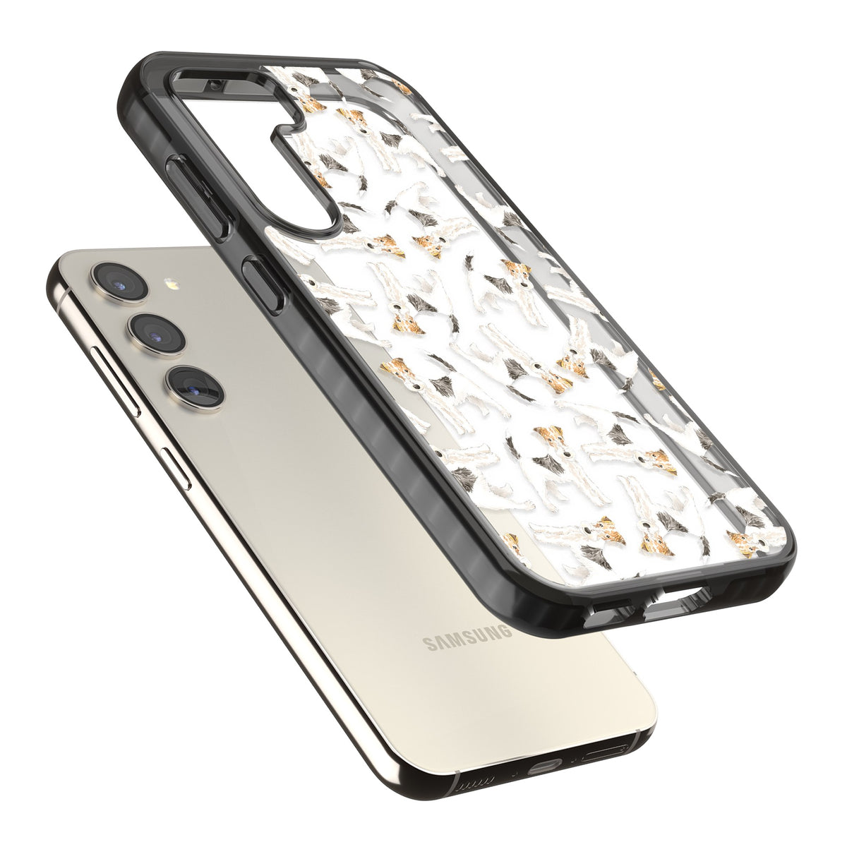 Wire Haired Fox Terrier Dog Pattern Samsung S22 / Samsung S22 Plus / Samsung S23 / Samsung S23 Plus / Samsung S24 / Samsung S24 Plus Impact Black Phone Case angled