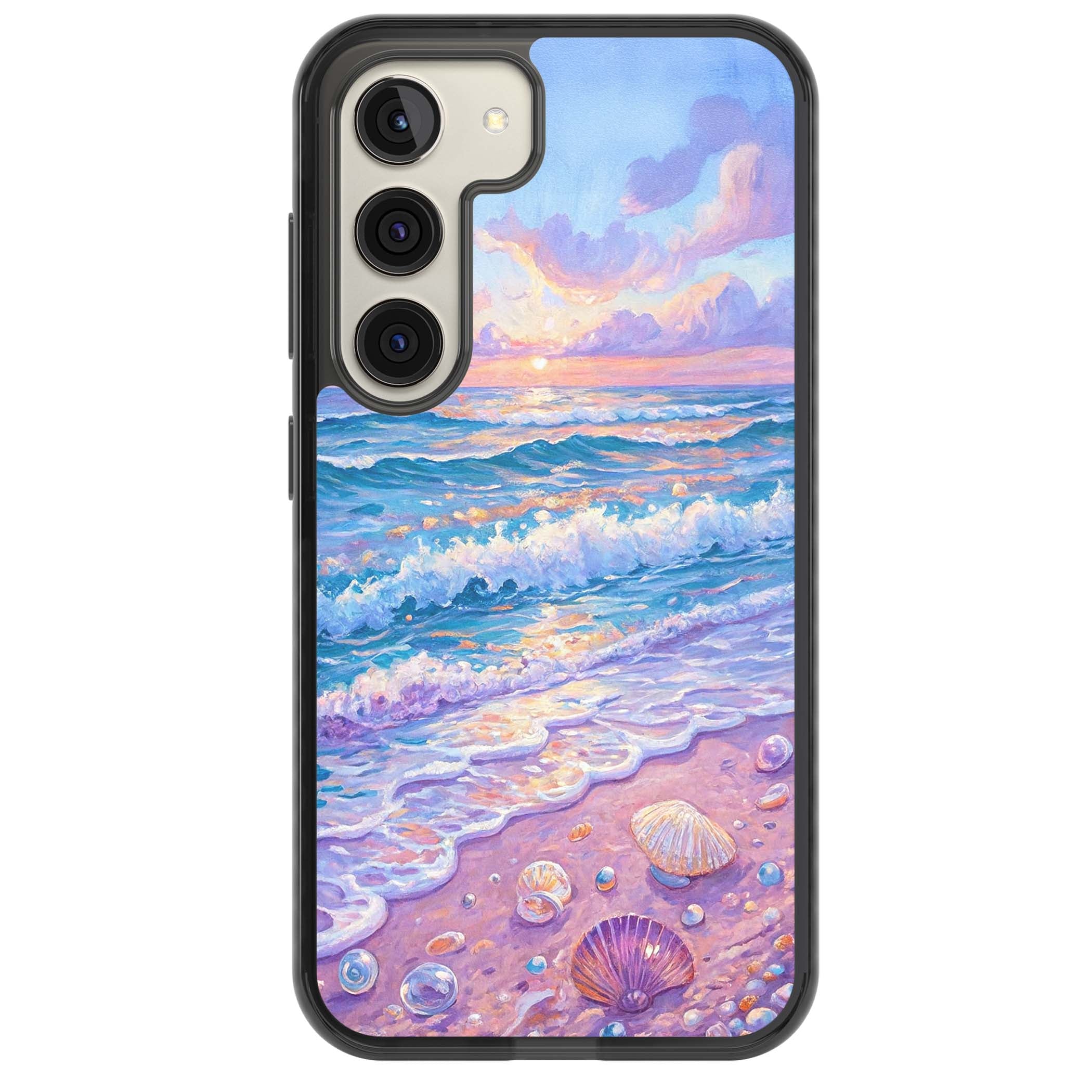 Pearl Shore coastal iPhone case featuring pastel painted waves, seashells, and a sunrise sky over a lavender beach. | Black Impact case for Samsung Galaxy S24, Samsung Galaxy S23, Samsung Galaxy S22