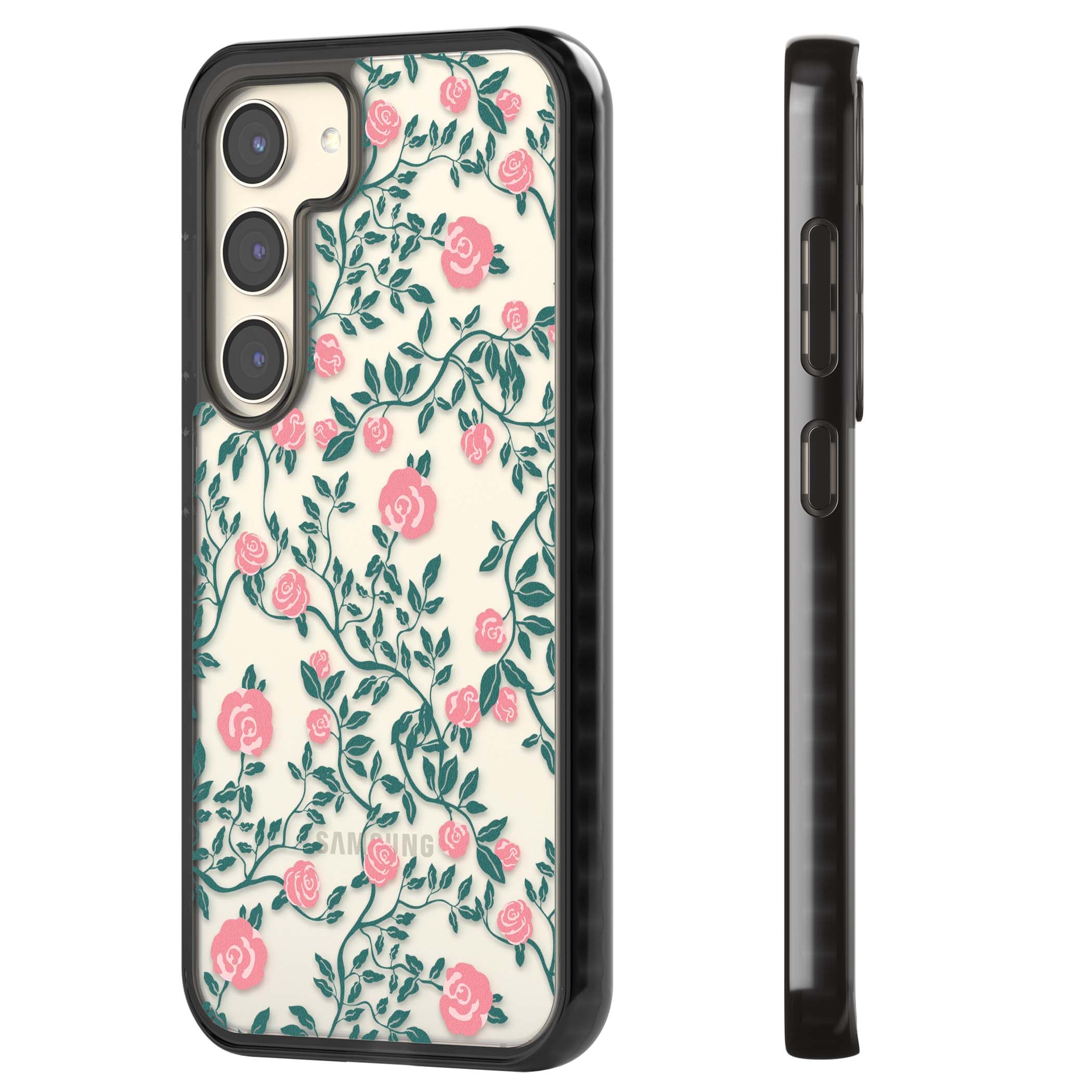 Rose Trellis (Clear) cottagecore iPhone case featuring pink climbing roses and green leaves on clear background | Black Impact case for Samsung Galaxy S24, Samsung Galaxy S23, Samsung Galaxy S22
