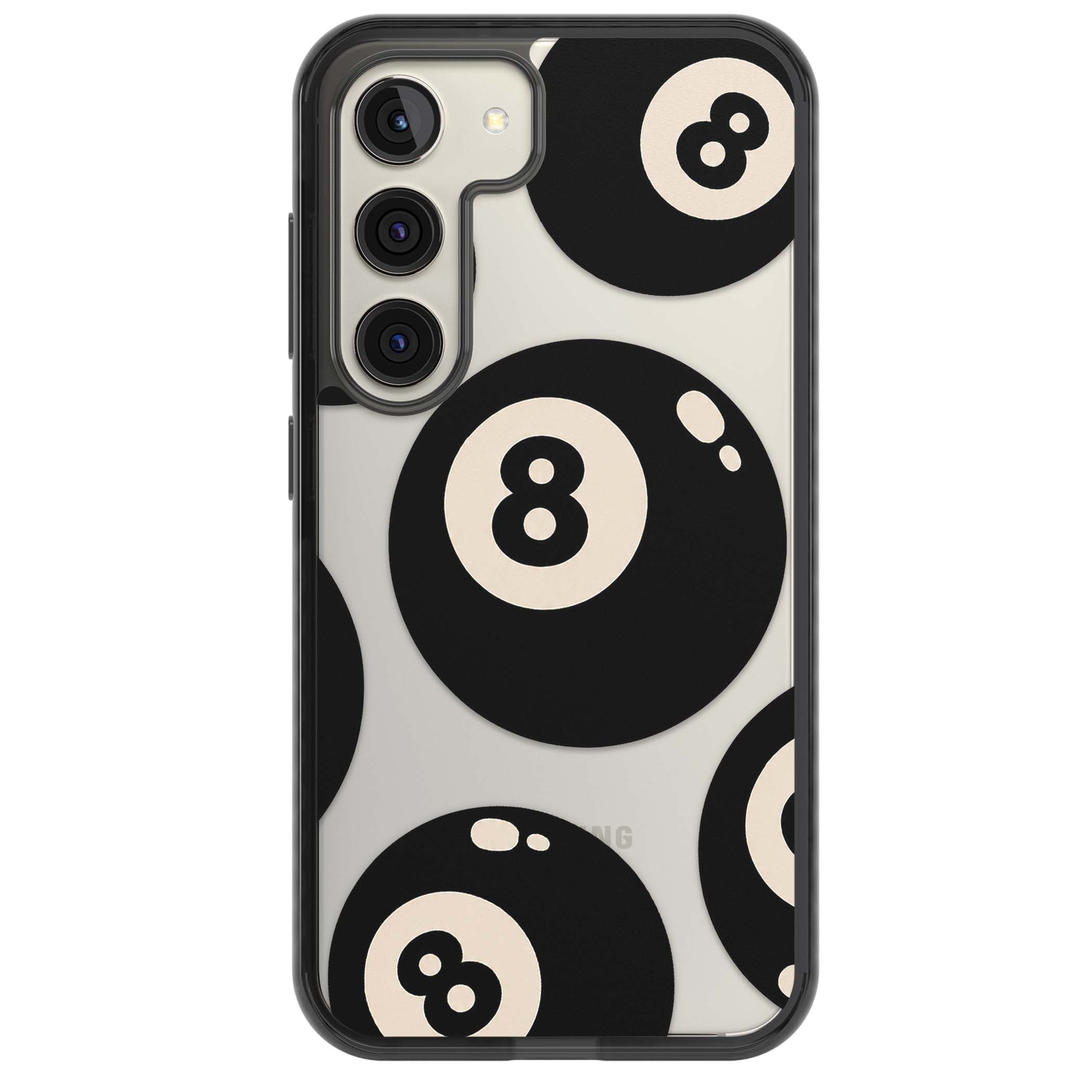 Eights y2k iPhone case featuring scattered black 8 balls with cream highlights on a clear background | Black Impact case for Samsung Galaxy S24, Samsung Galaxy S23, Samsung Galaxy S22