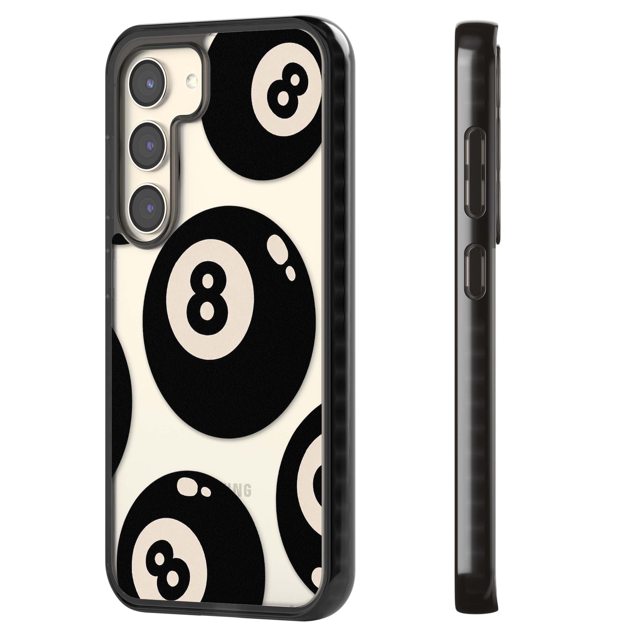 Eights y2k iPhone case featuring scattered black 8 balls with cream highlights on a clear background | Black Impact case for Samsung Galaxy S24, Samsung Galaxy S23, Samsung Galaxy S22